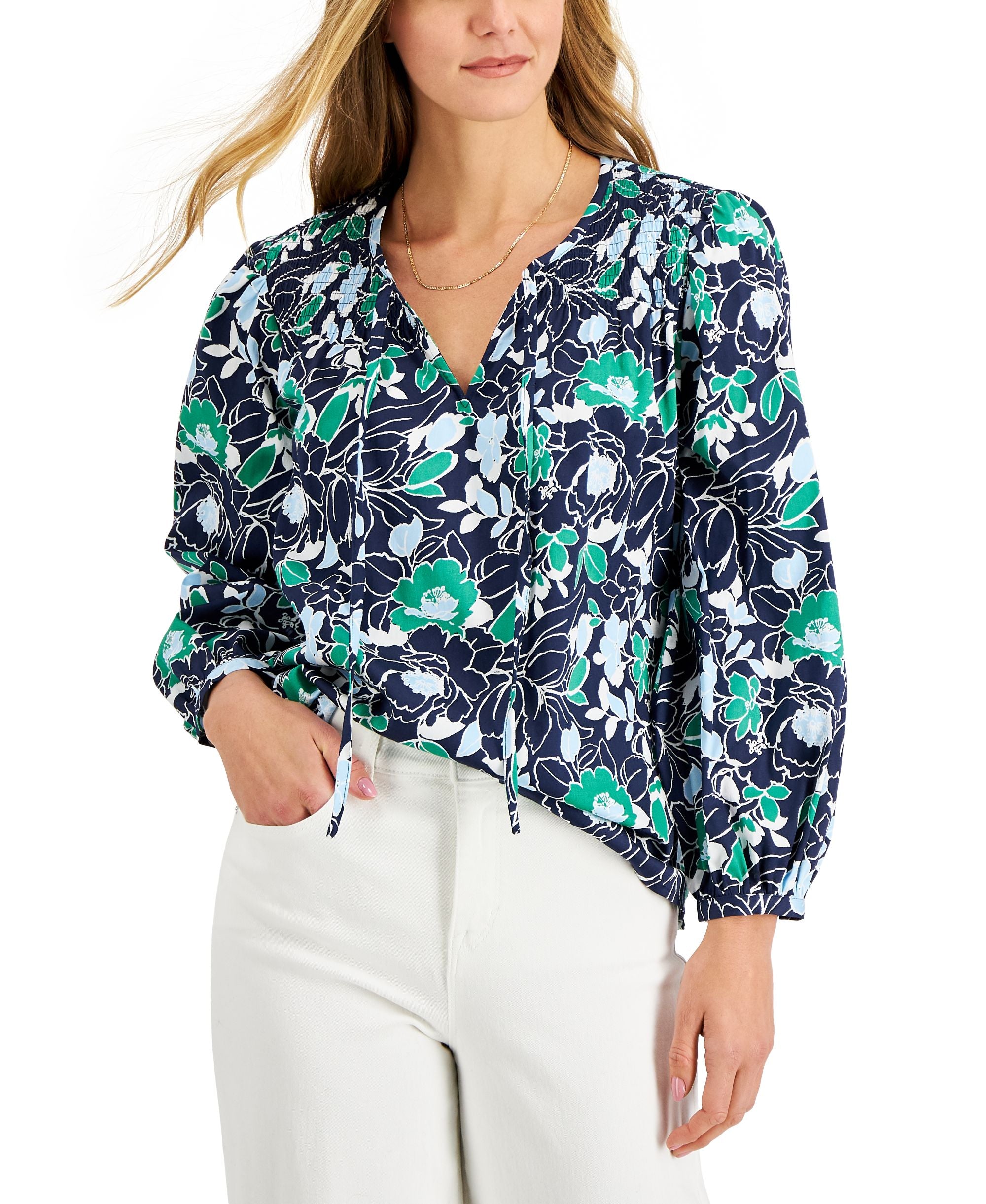 Charter Club Woven Long Sleeve Floral Top