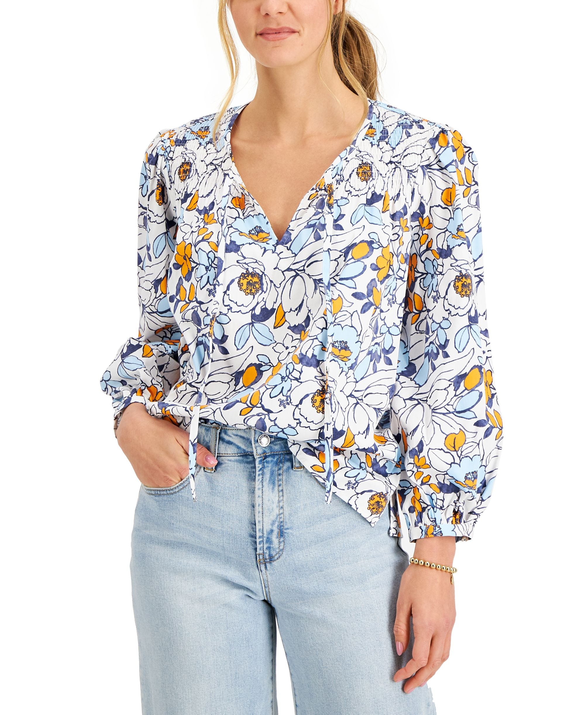 Charter Club Woven Long Sleeve Floral Top