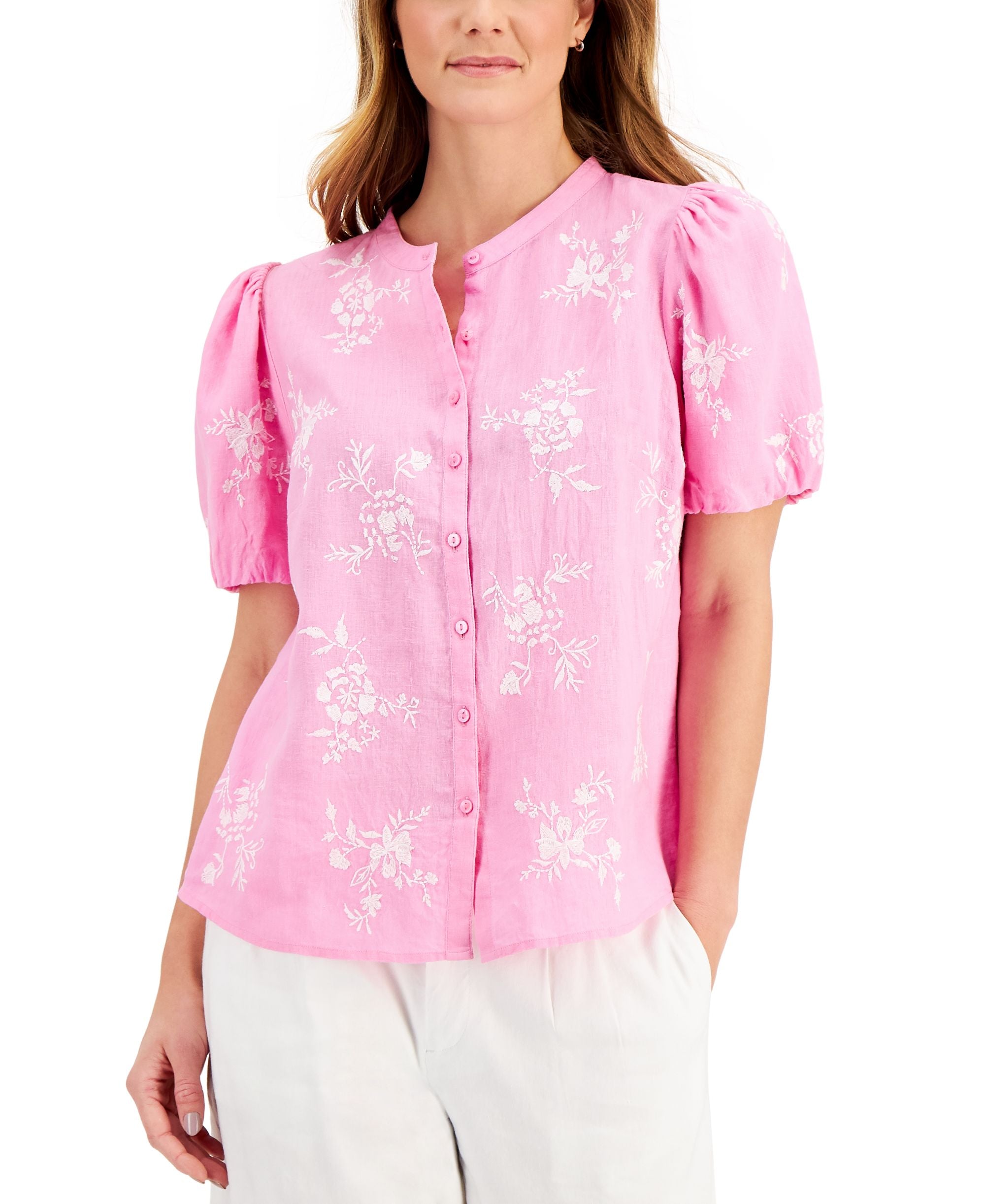 Charter Club Linen Embroidered Puff Sleeve Top