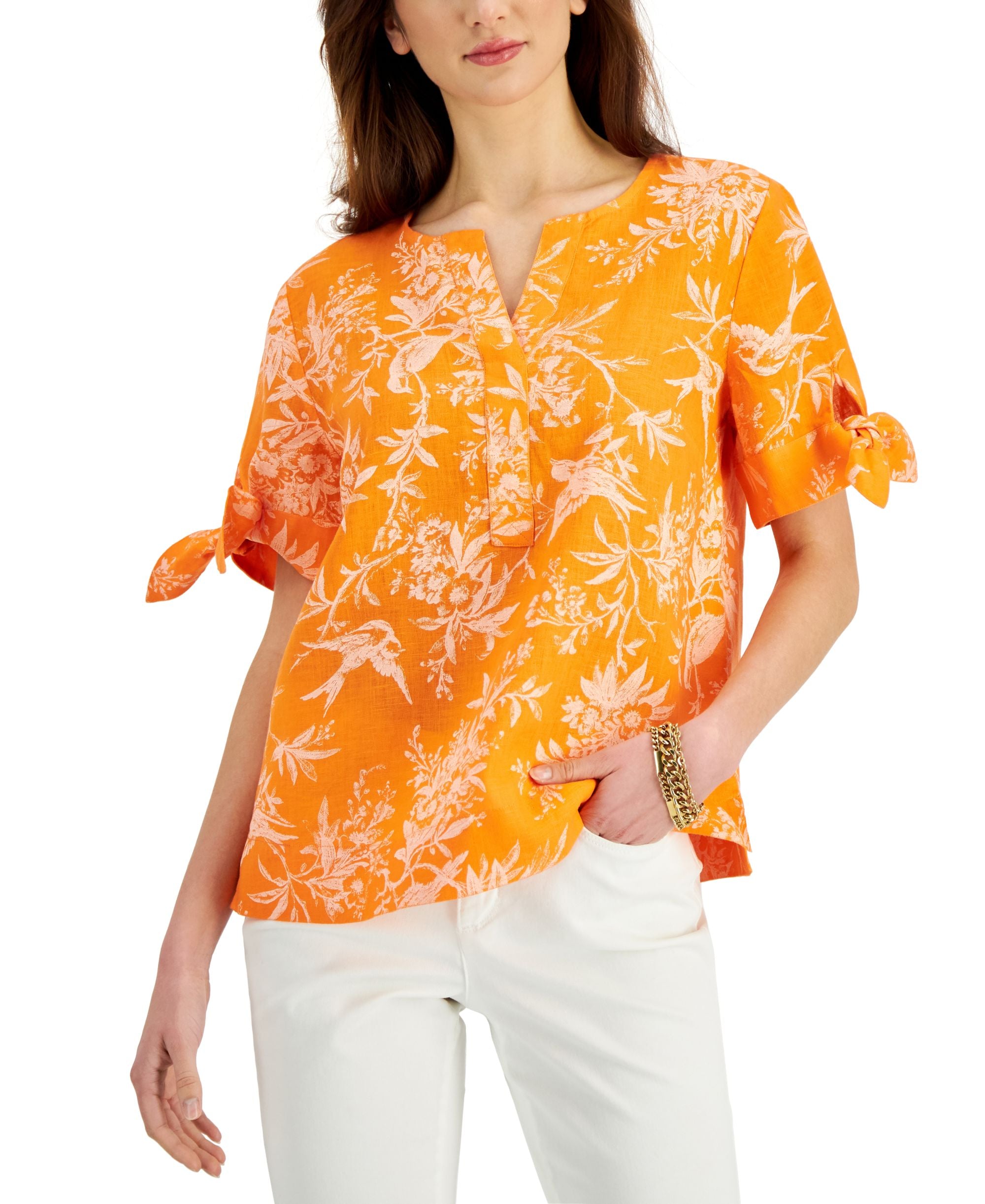 Charter Club Linen Tie-Sleeve Floral Top
