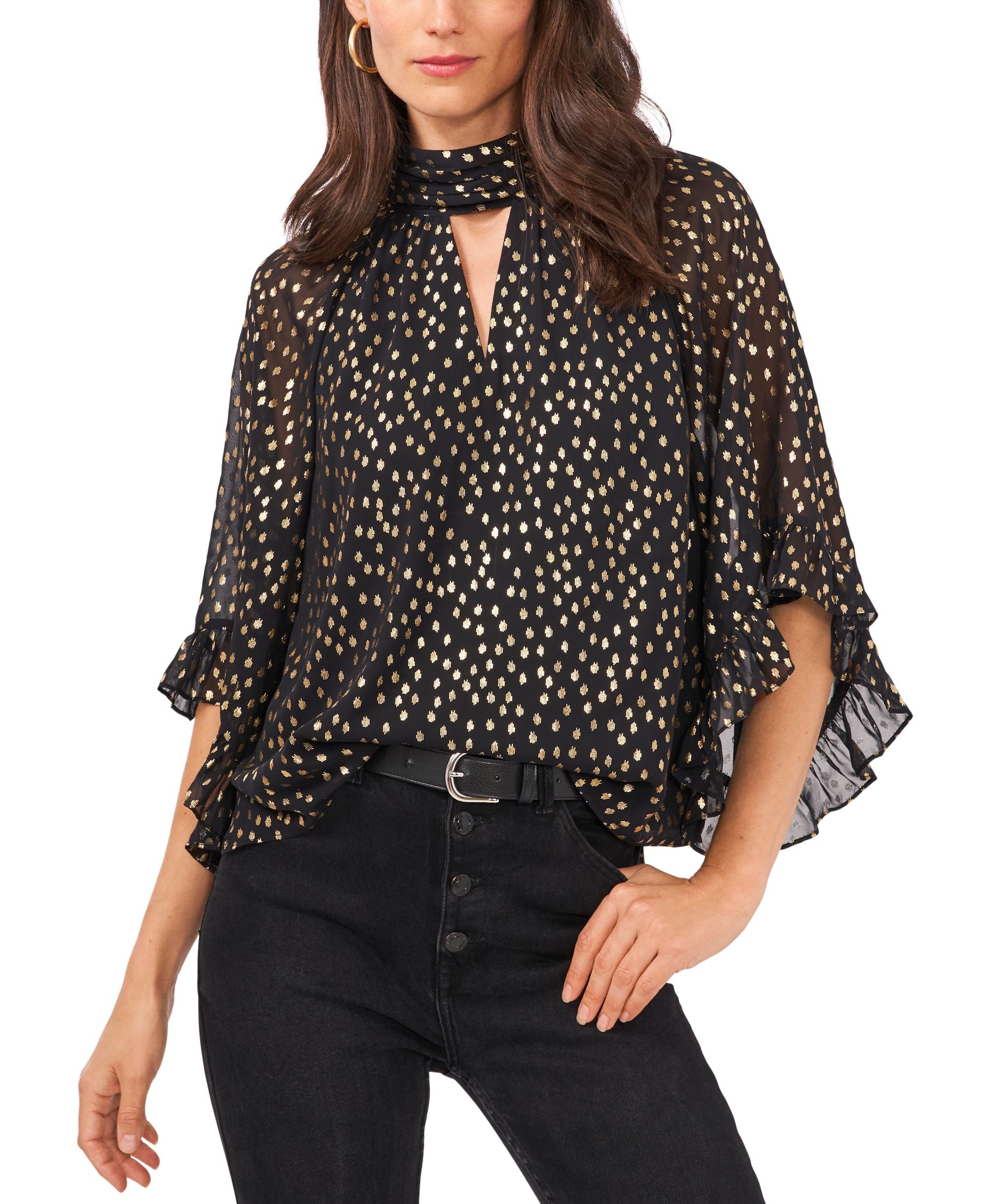 Vince Camuto Foiled Flutter Sleeve Keyhole Blouse