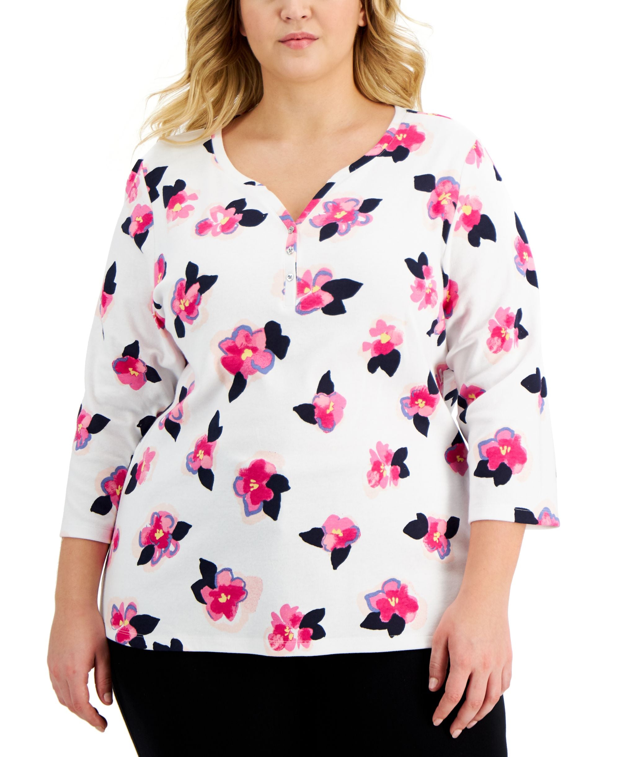 Karen Scott Plus Size Anya Floral Henley Top