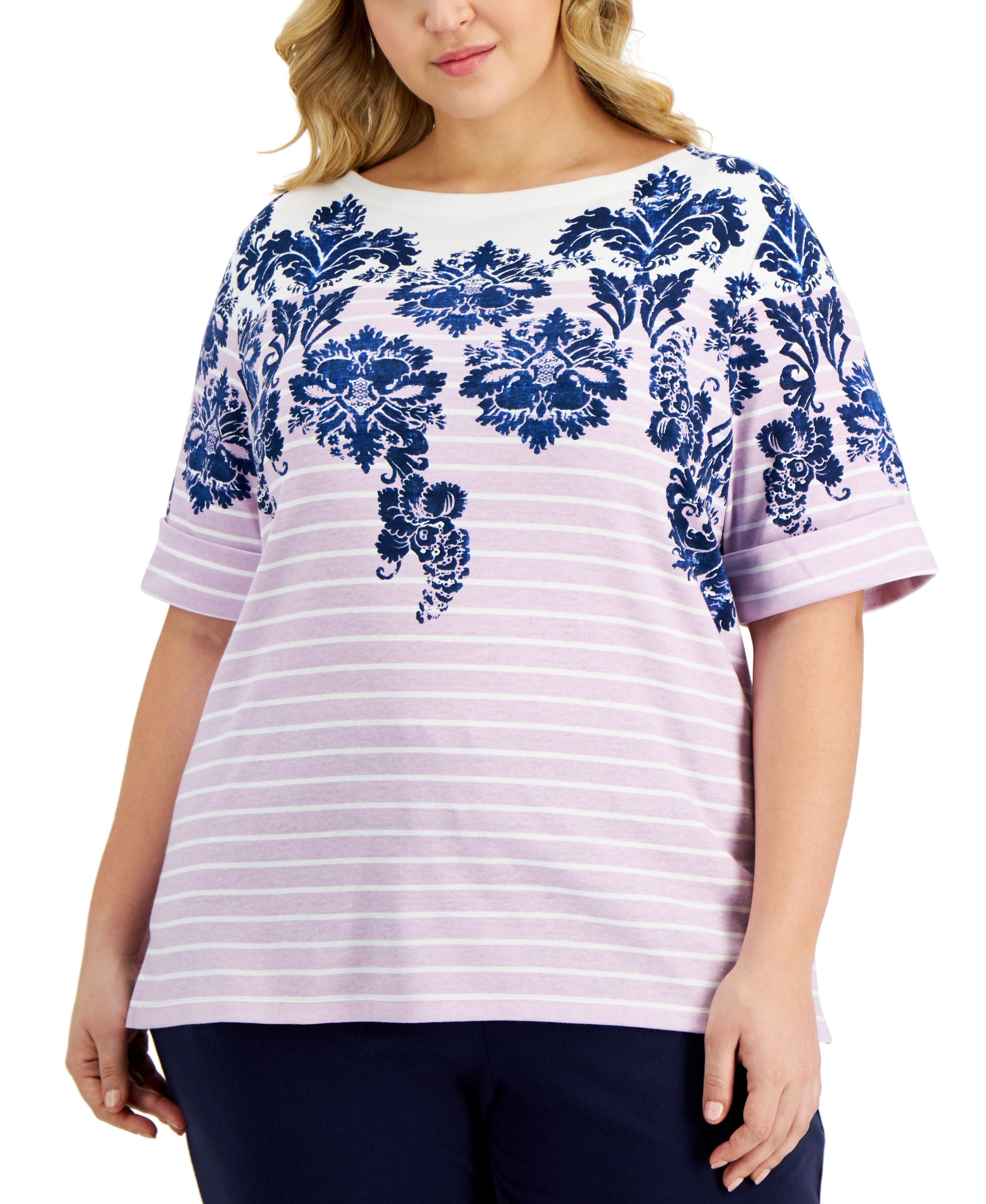 Karen Scott Plus Size Damask Stripe Top