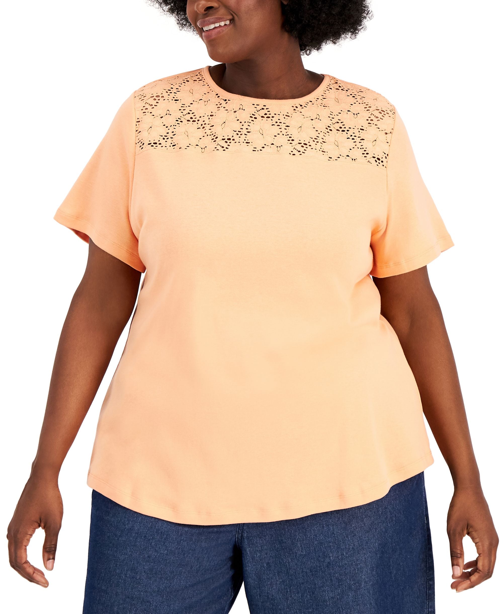 Karen Scott Plus Size Cotton Crochet Yoke Top