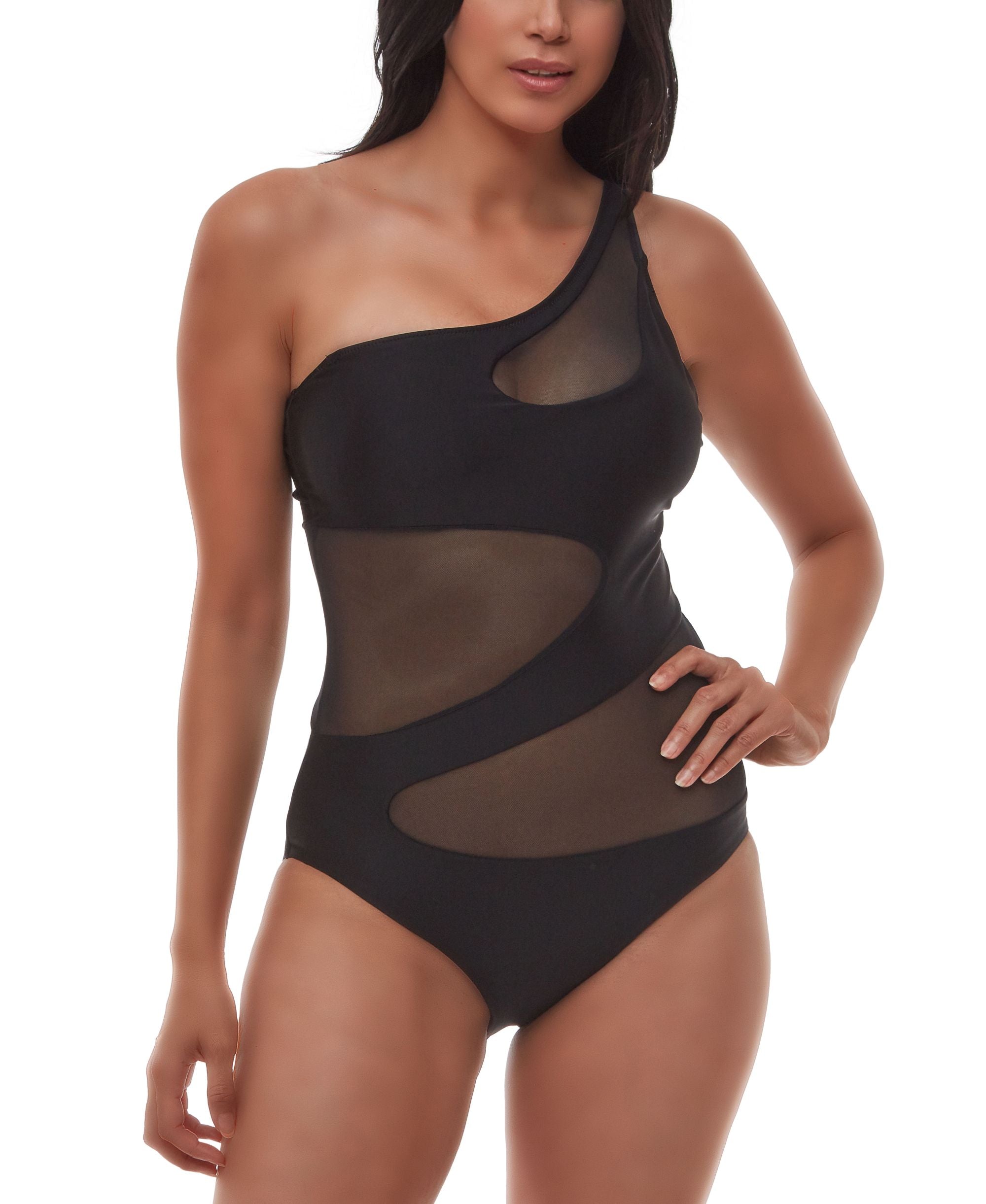 Matte Mesh Cut-Out One-Shoulder One Piece Swimsuit