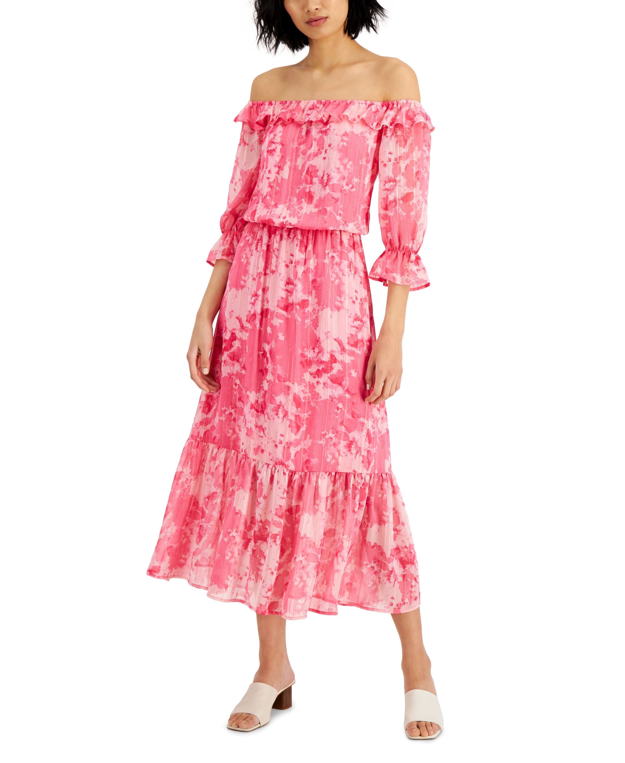 Willow Womens Metallic Drive Floral-Print Off-The-Shoulder Maxi Dress