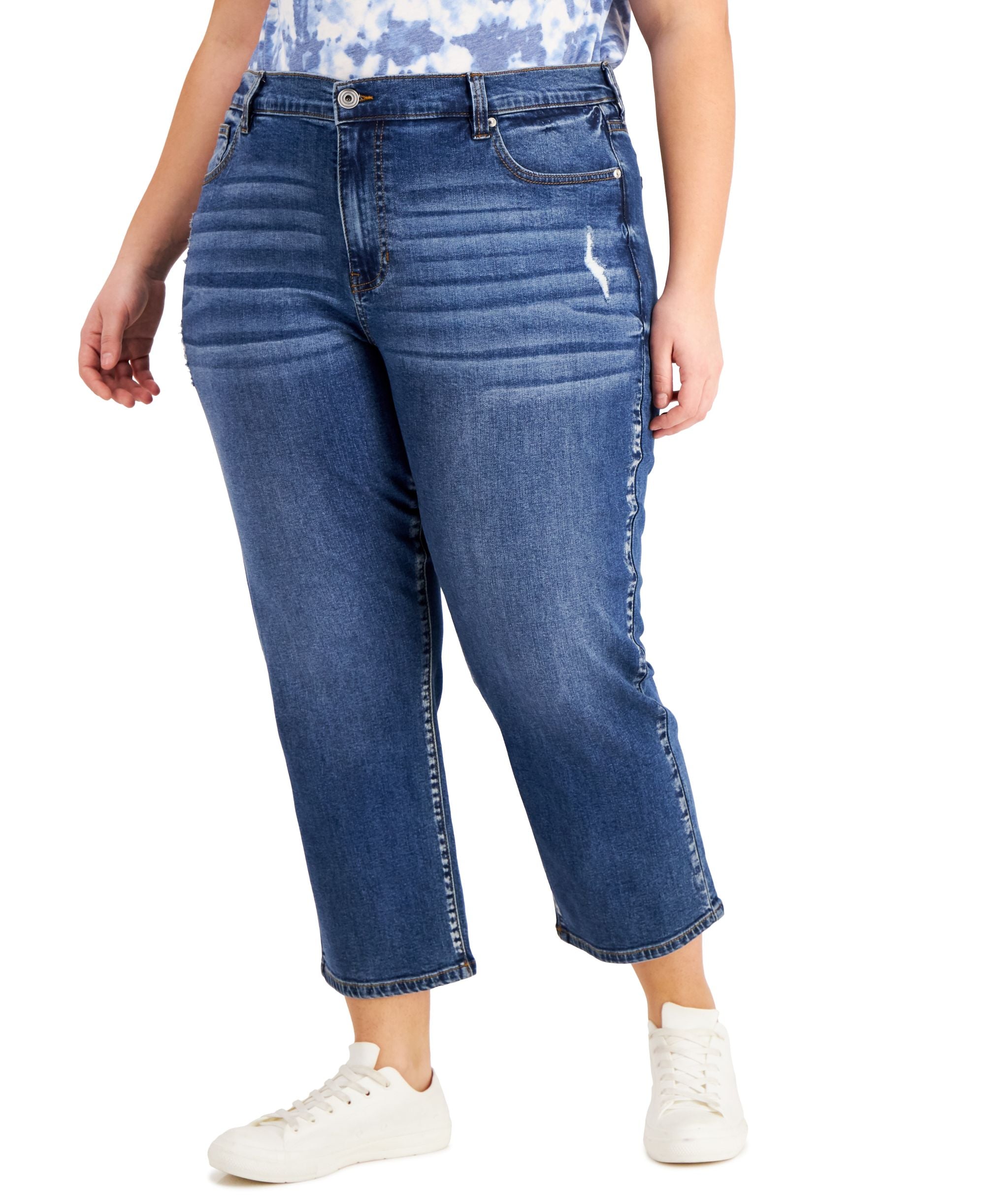 Celebrity Pink Trendy Plus Size Cropped Distressed Jeans