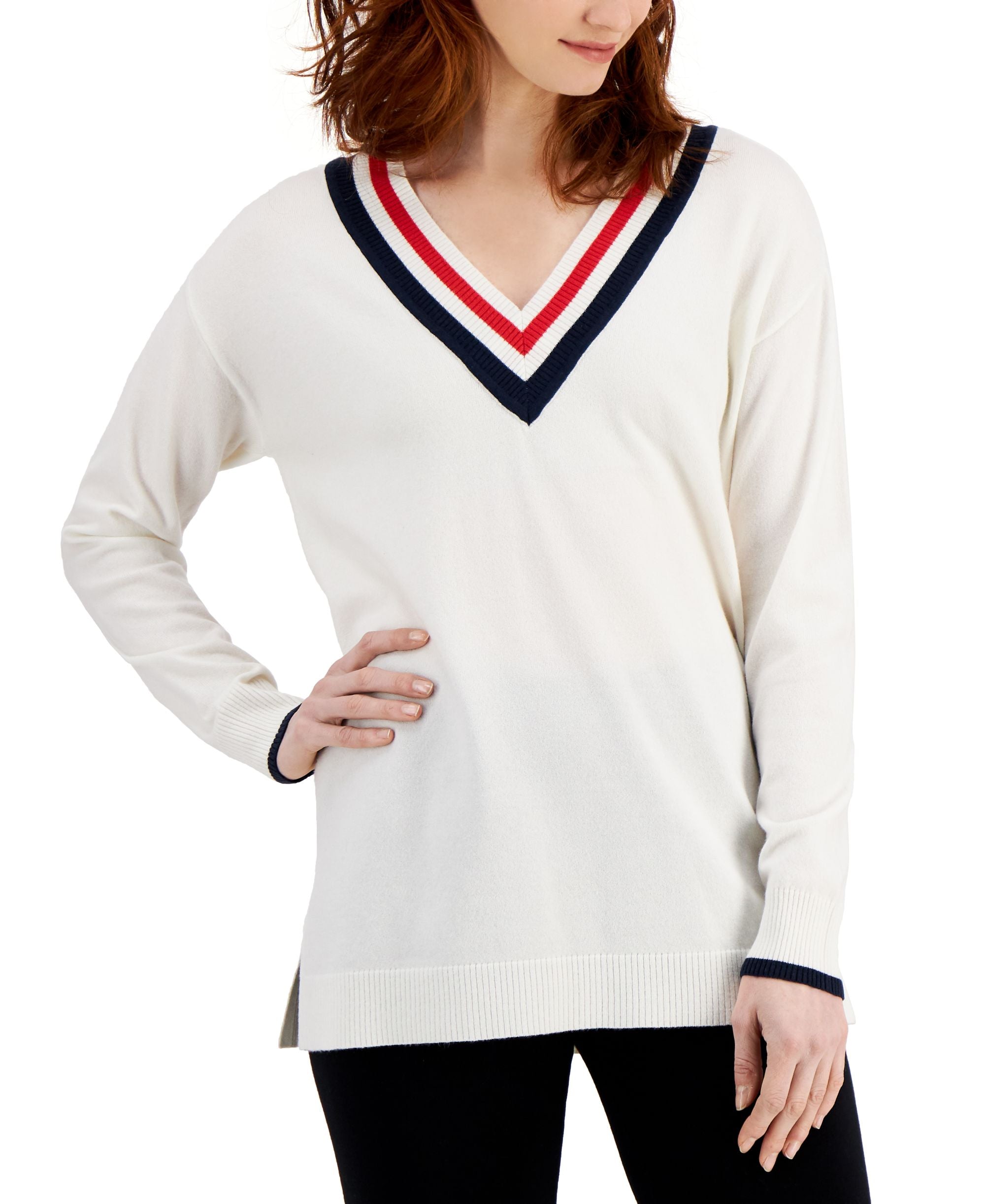 Style & Co V Neck Striped Trim Sweater