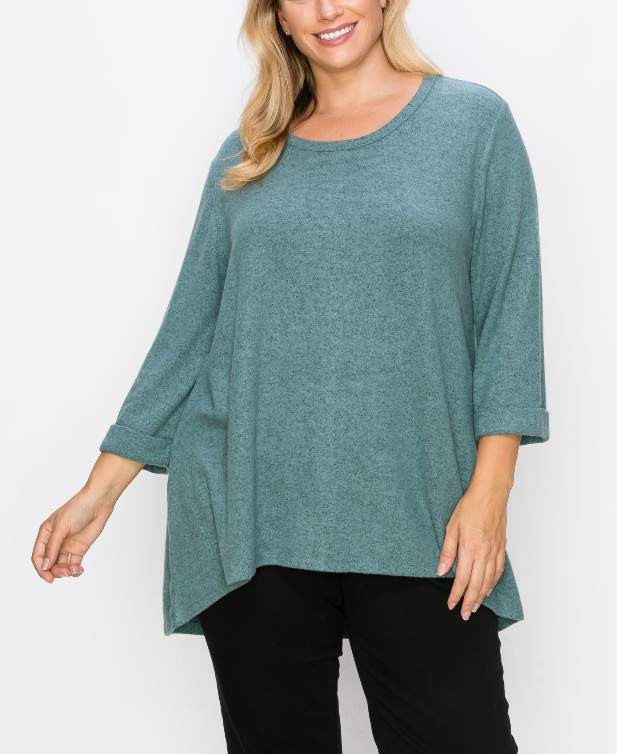 Coin 1804 Plus Size Cozy 3/4 Rolled Sleeve Button Back Top