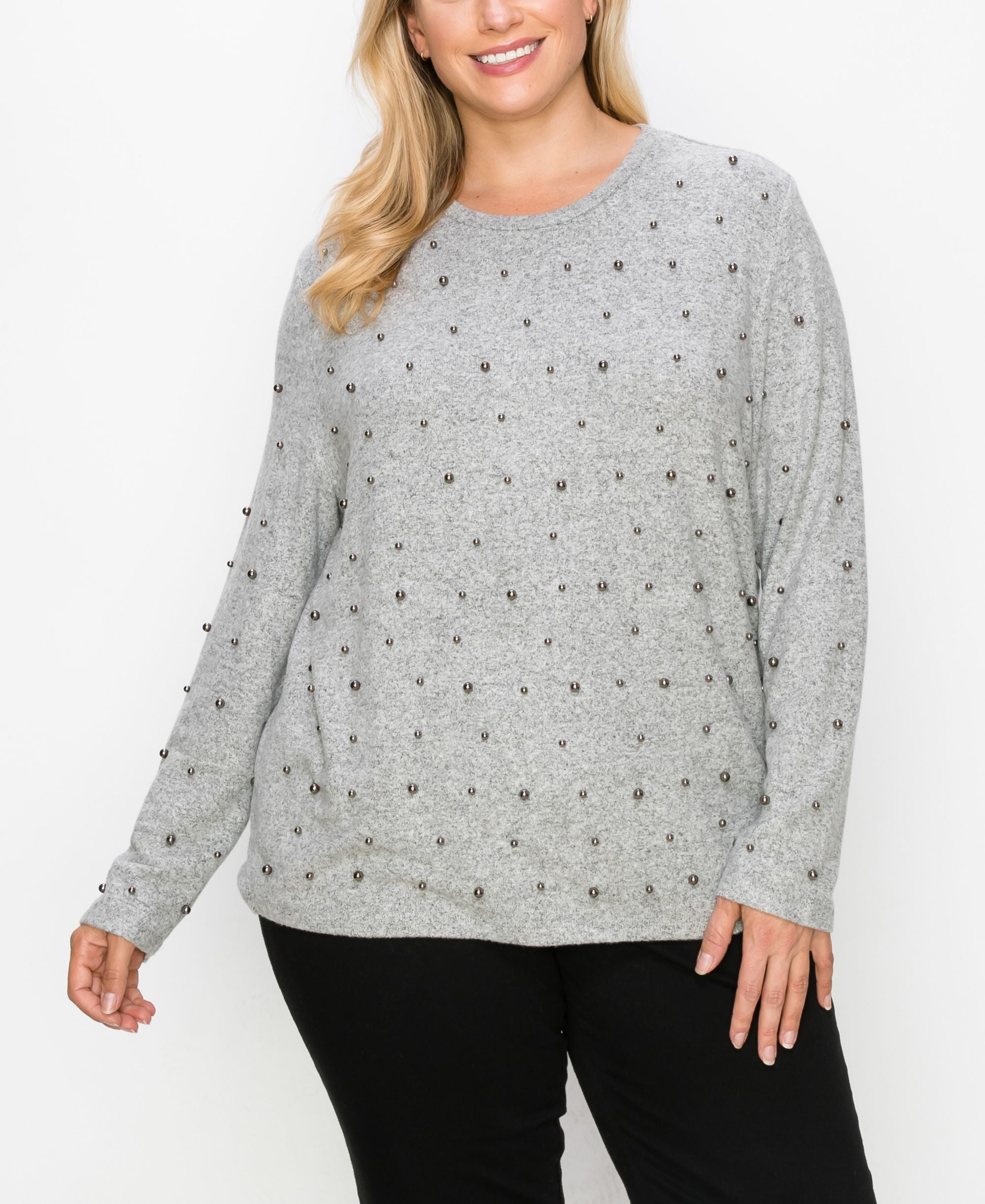 Plus Size Cozy Gunmetal Imitation Pearls Long Sleeve Top