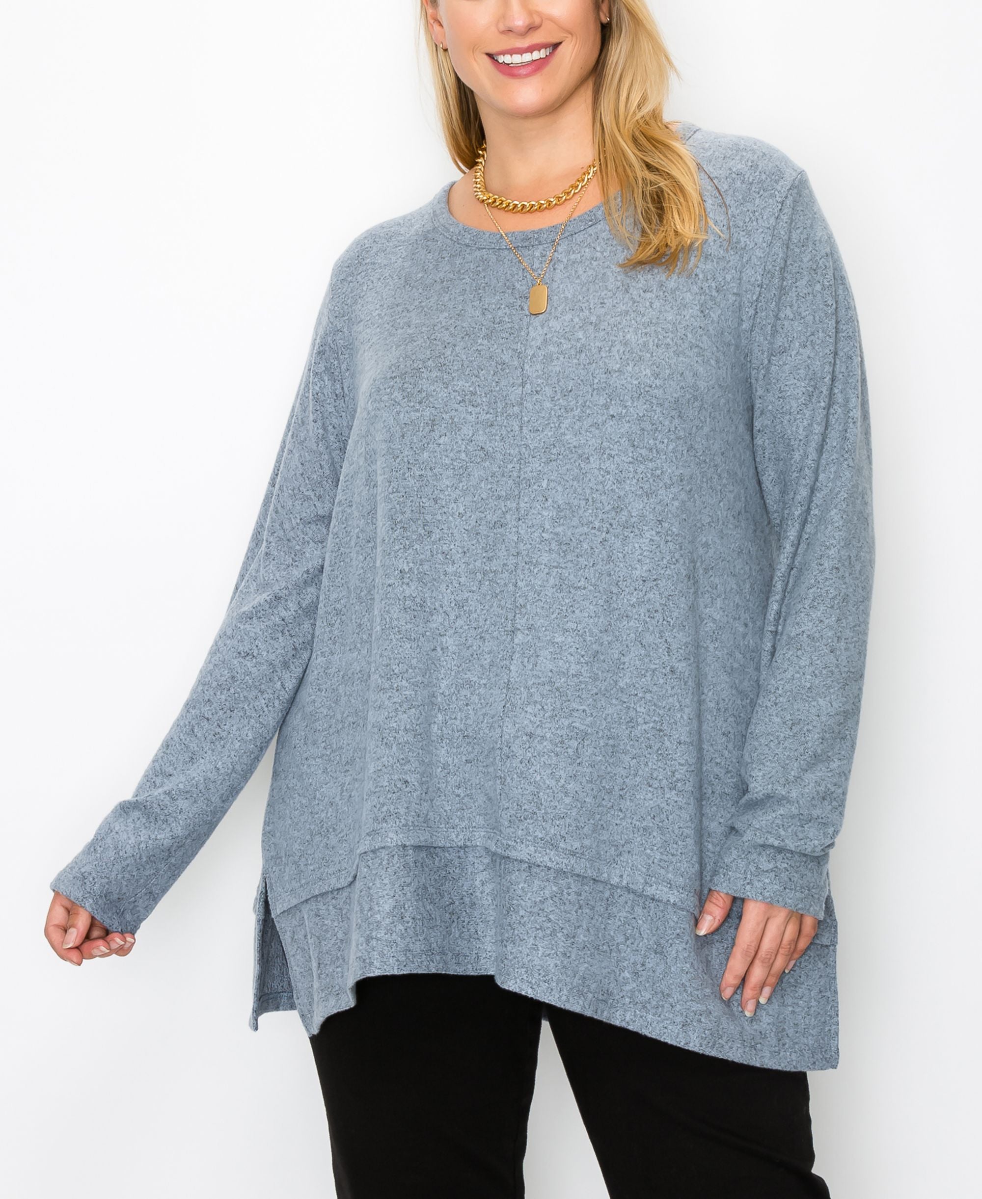 Plus Size Cozy Long Sleeve Pleat Button Back Top