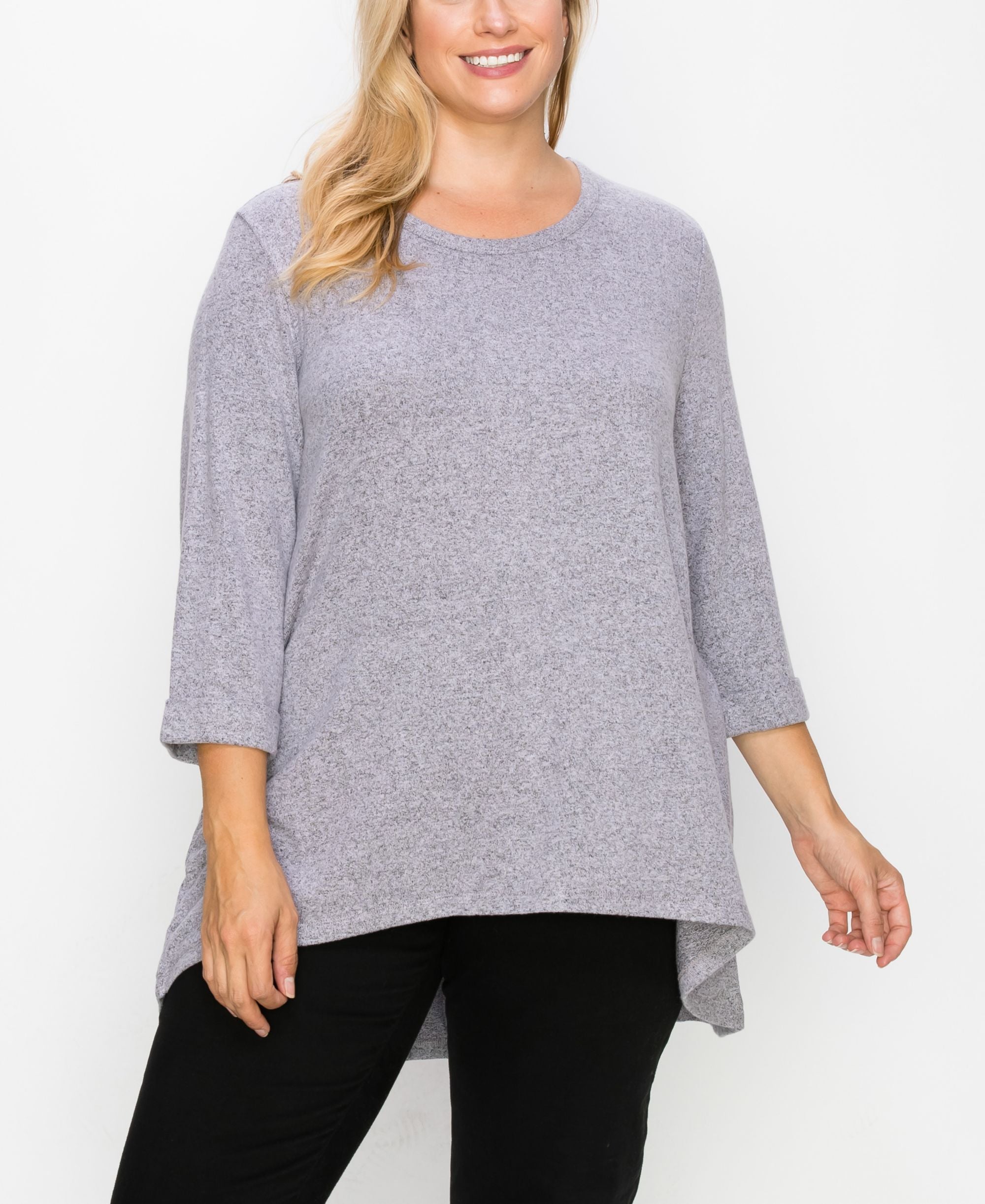Coin 1804 Plus Size Cozy 3/4 Rolled Sleeve Button Back Top