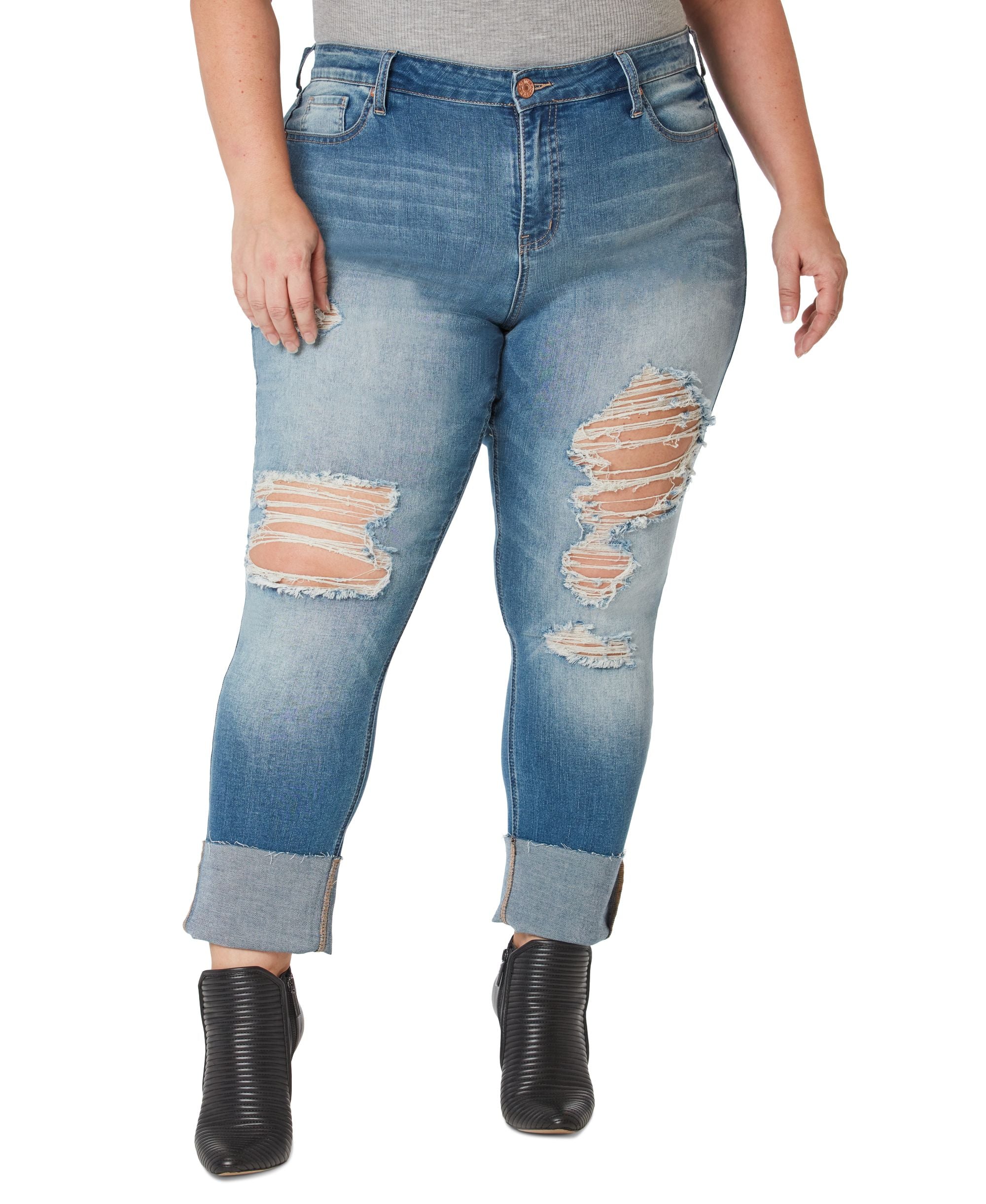 Gemma Rae Trendy Plus Size Slim Straight Ripped Wide Cuff Jeans