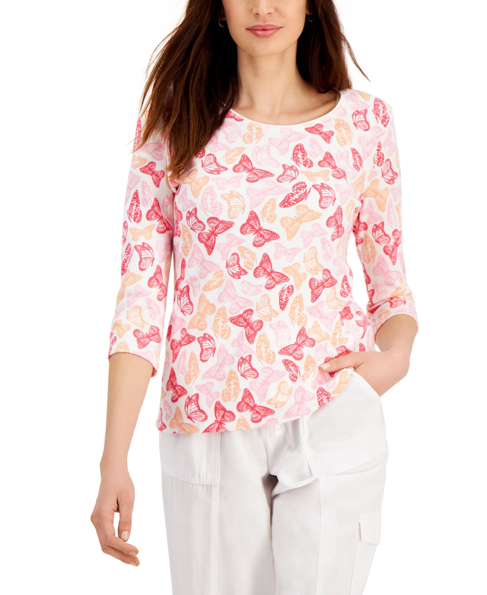 Karen Scott Petite Butterfly Print 3/4 Sleeve Top