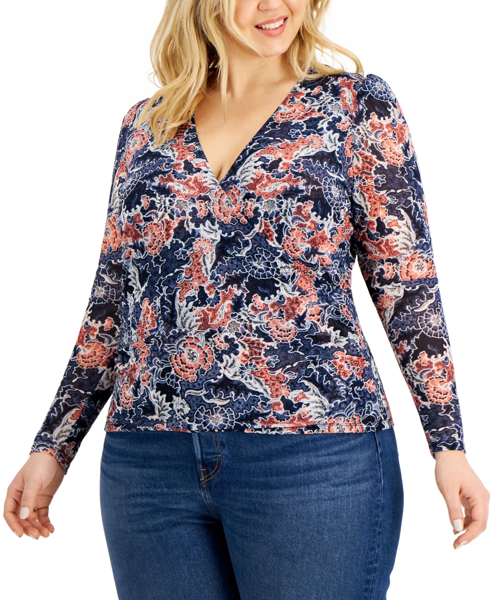 INC International Concepts Plus Size Printed Mesh Top
