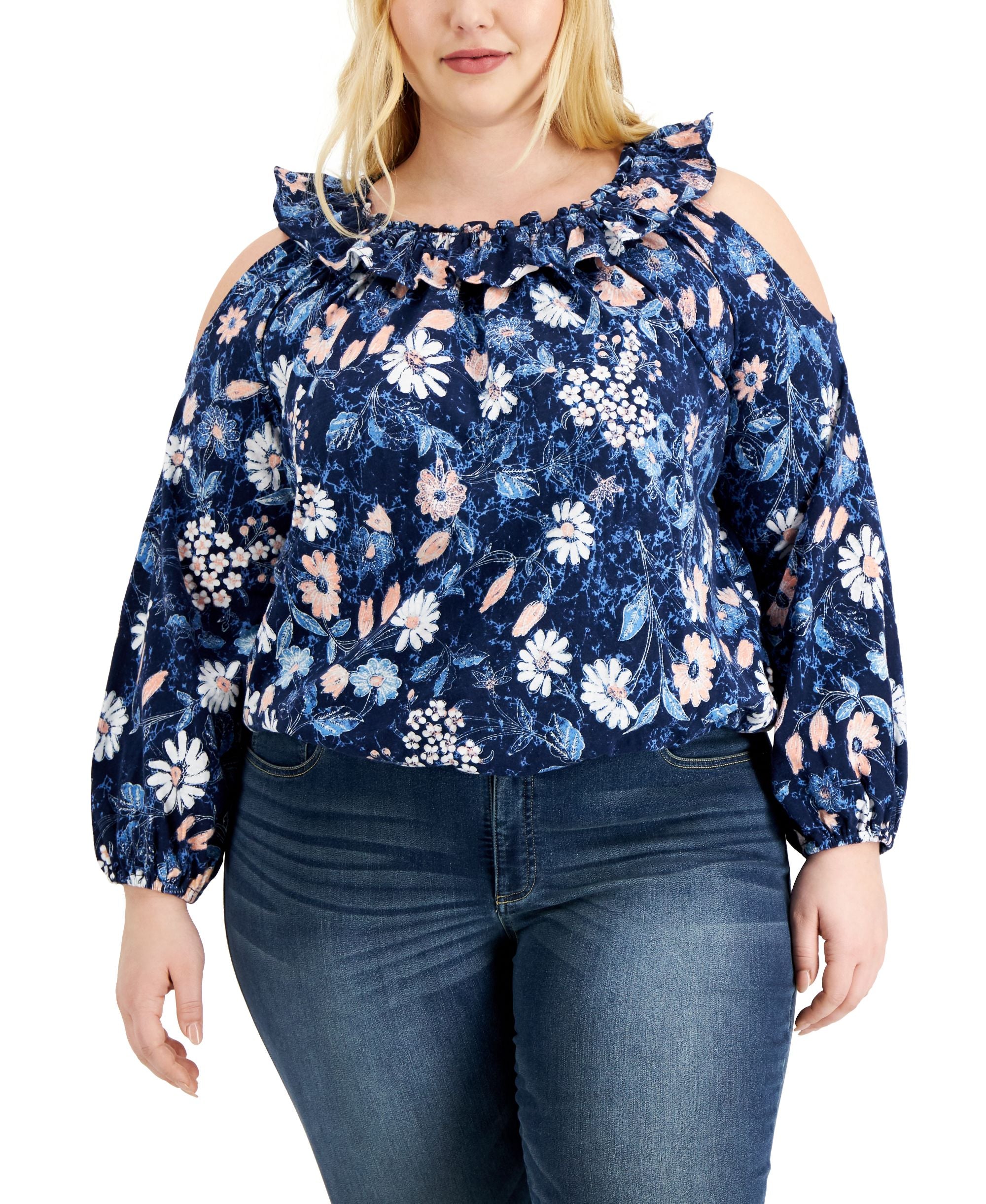 INC International Concepts Plus Size Floral Print Ruffled Cold Shoulder Top