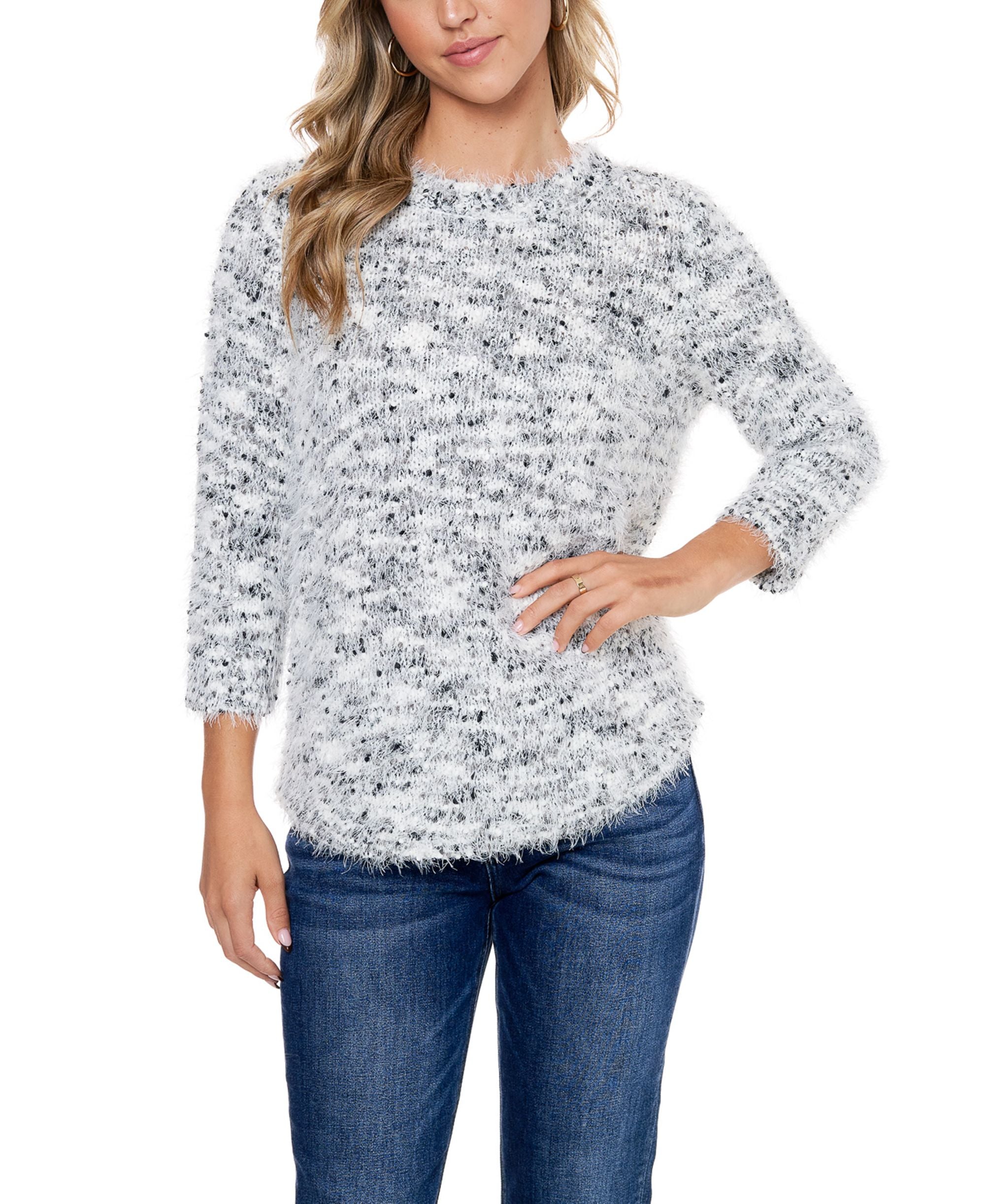 Womens Feather Popcorn Crew Neck Rounded Hem Sweater