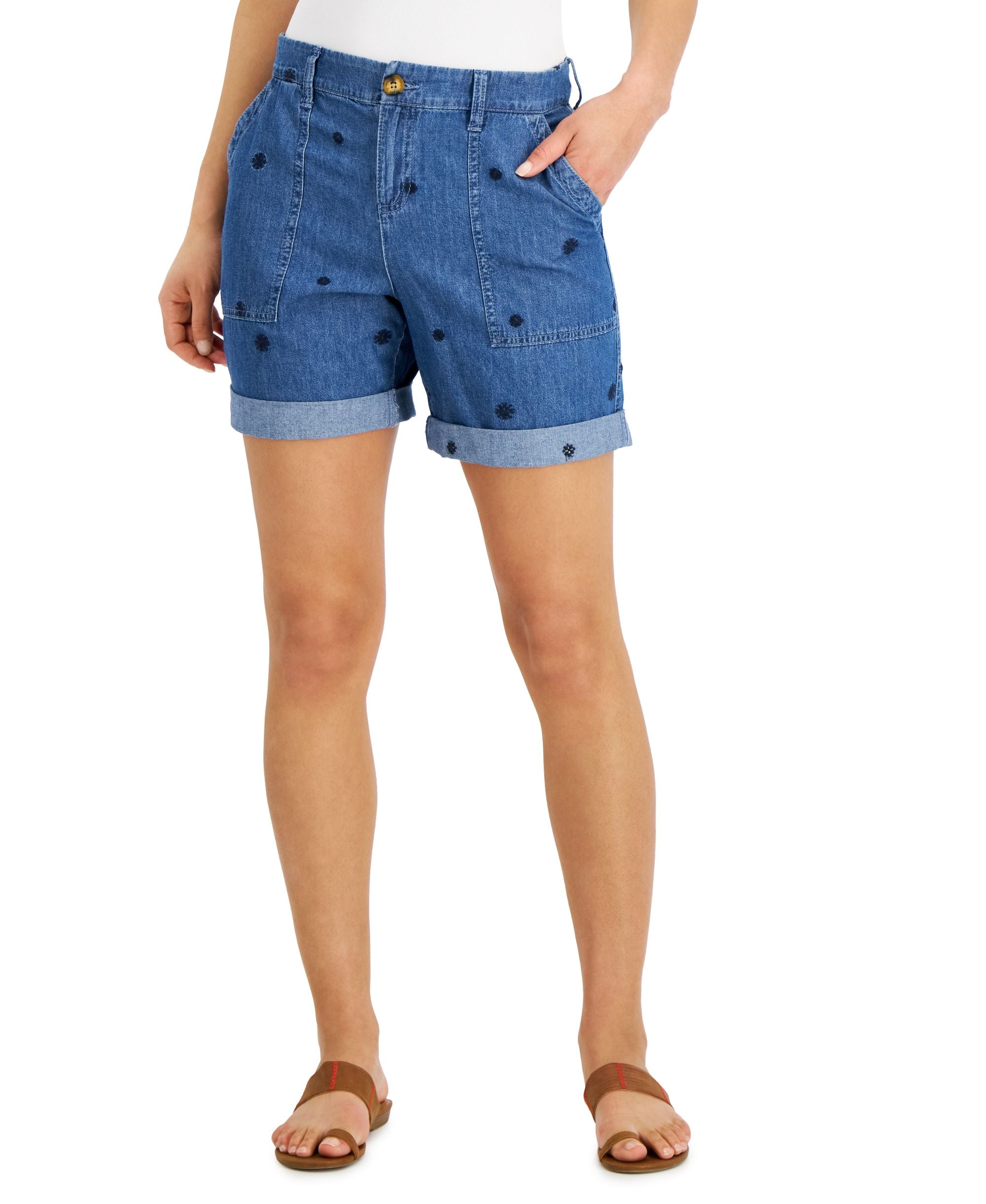 Style & Co Womens Roll Cuff Embroidered Denim Shorts