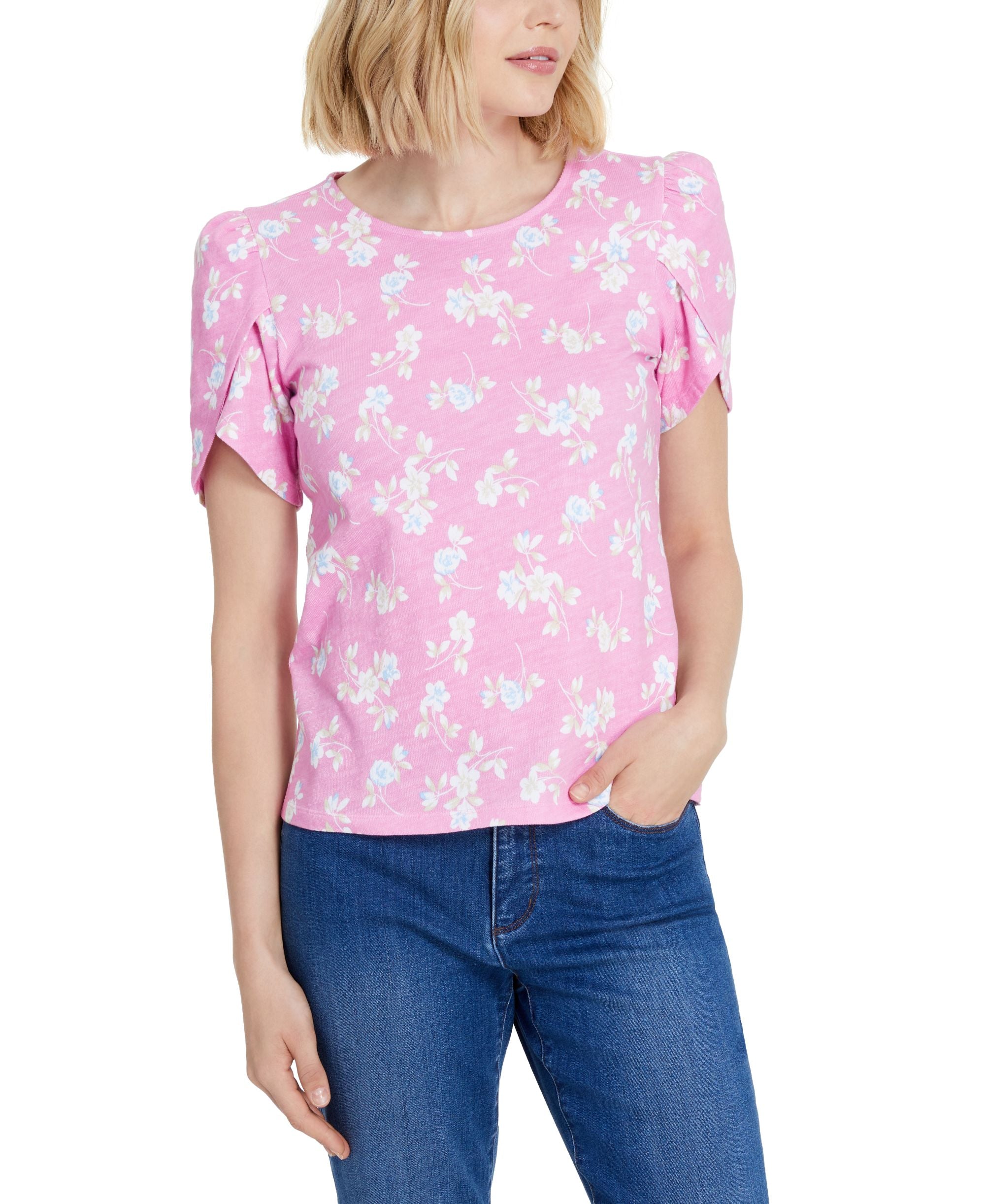 Charter Club Floral Print Tulip Sleeve T-Shirt