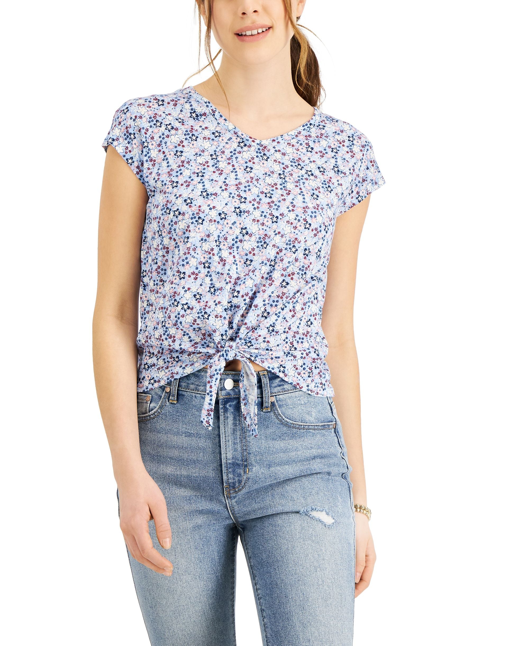 Style & Co Floral Print Tie Hem T-Shirt