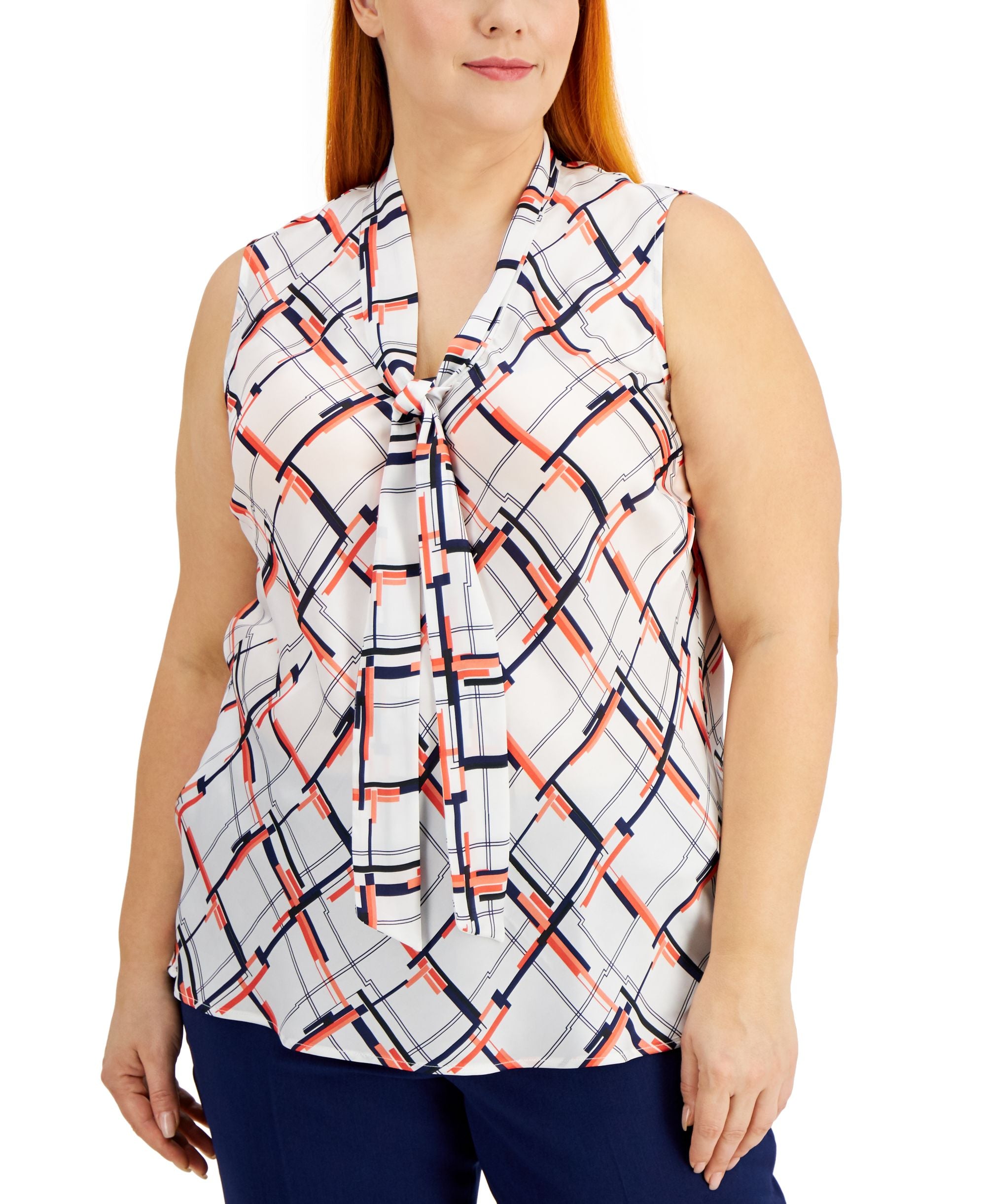 Kasper Plus Size Printed Tie Neck Blouse