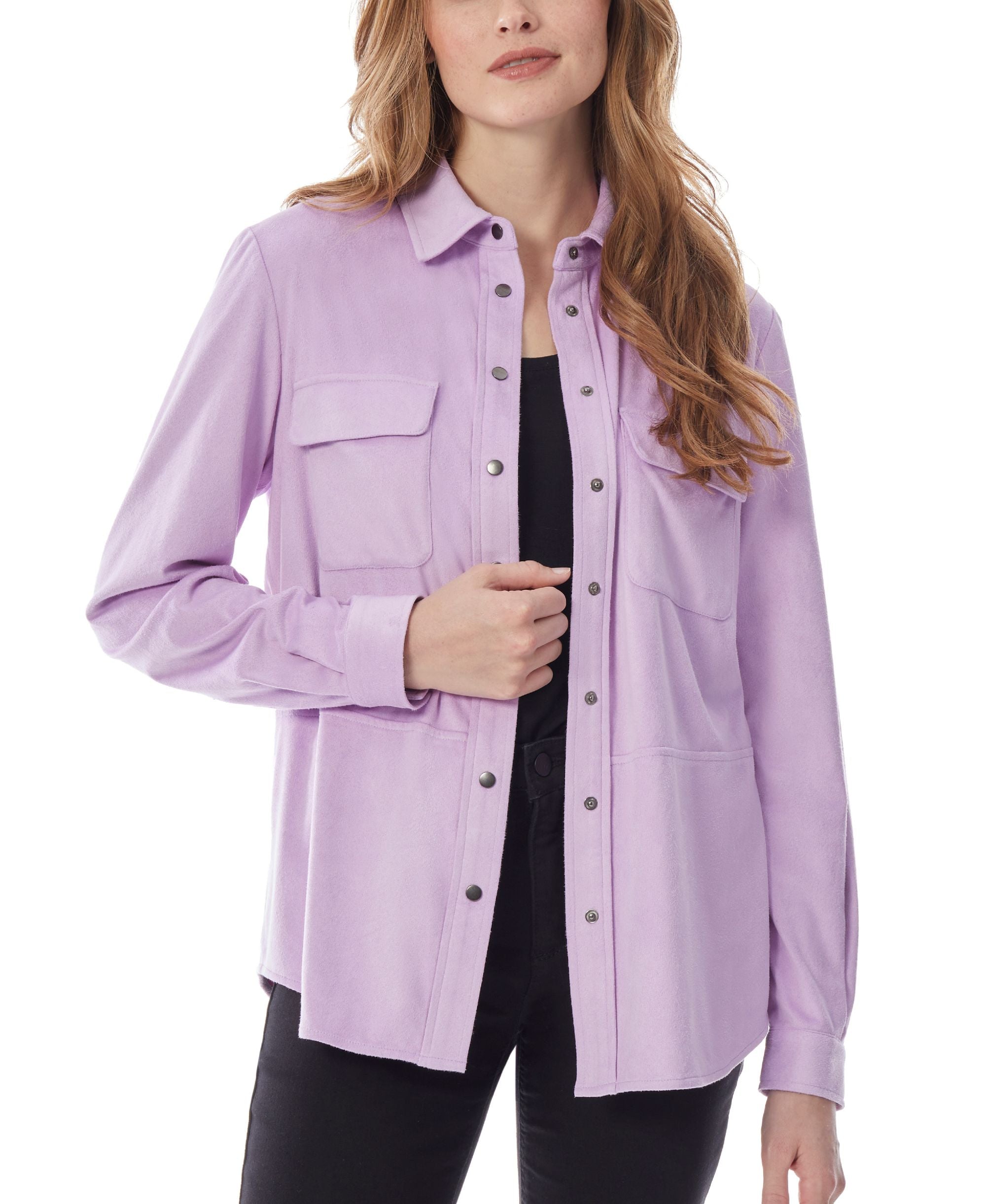 Womens Suede Snap Front Utility Blouse Top