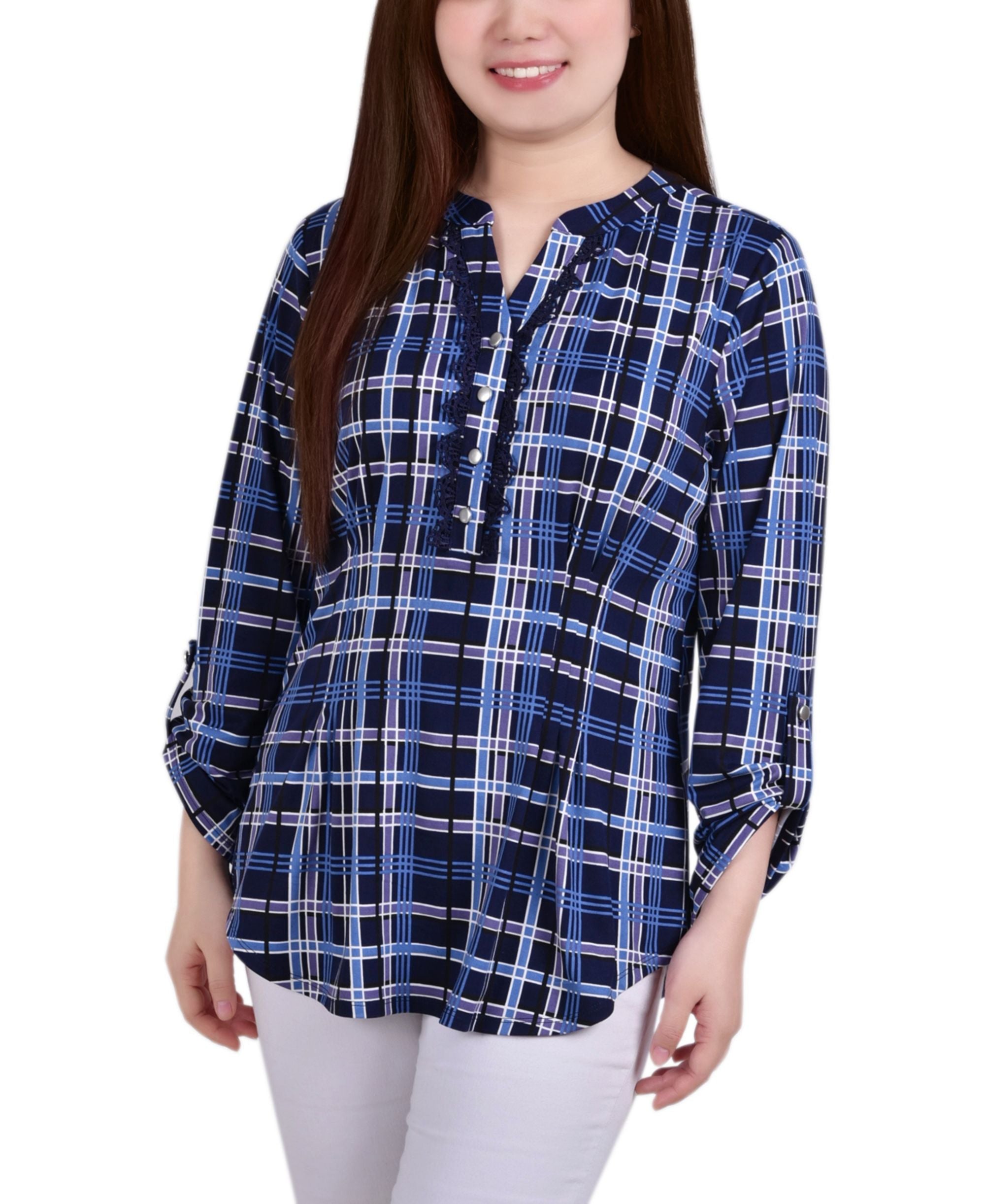 Petite Plaid Y Neck Top