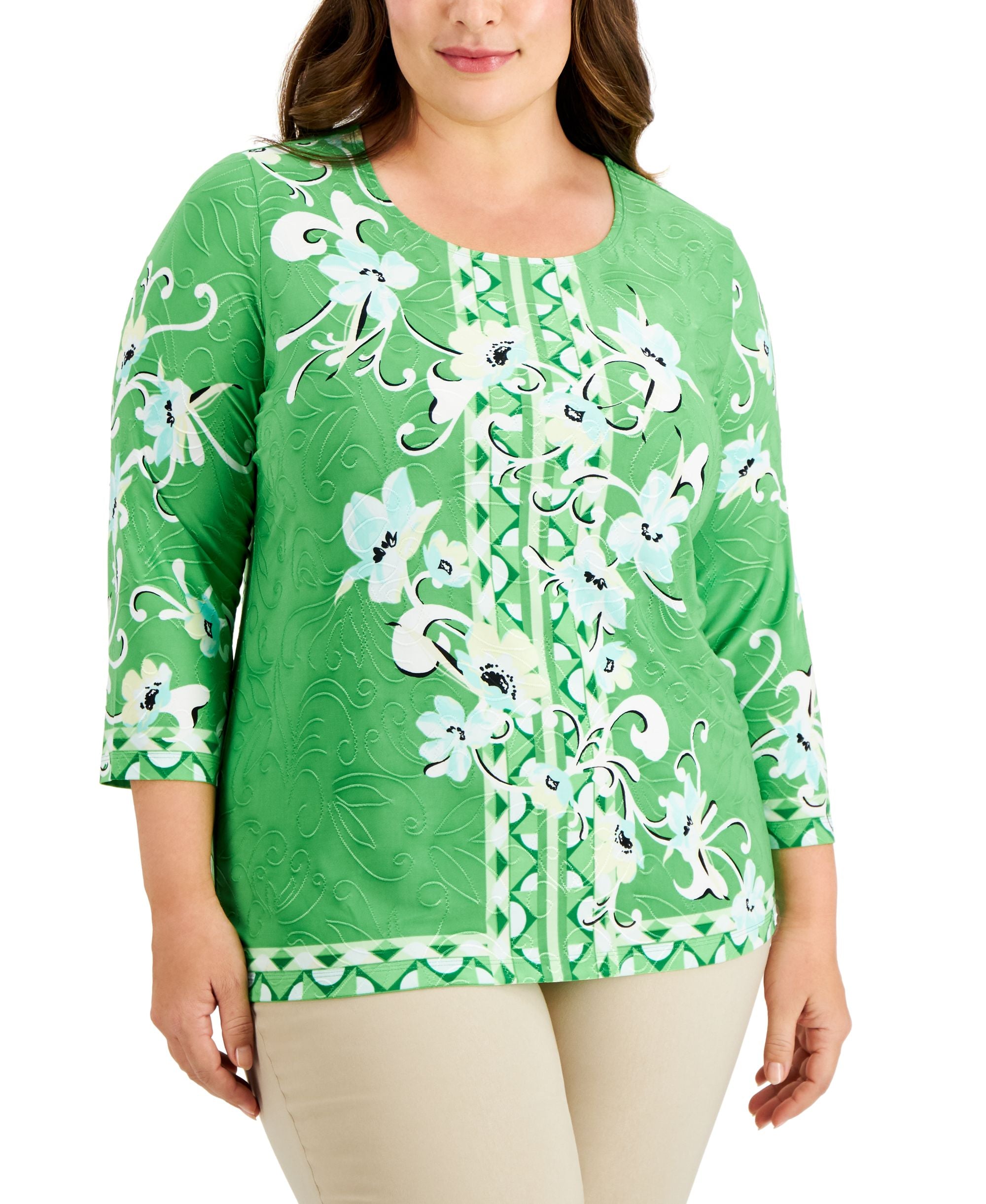 JM Collection Plus Size Printed 3/4 Sleeve Top