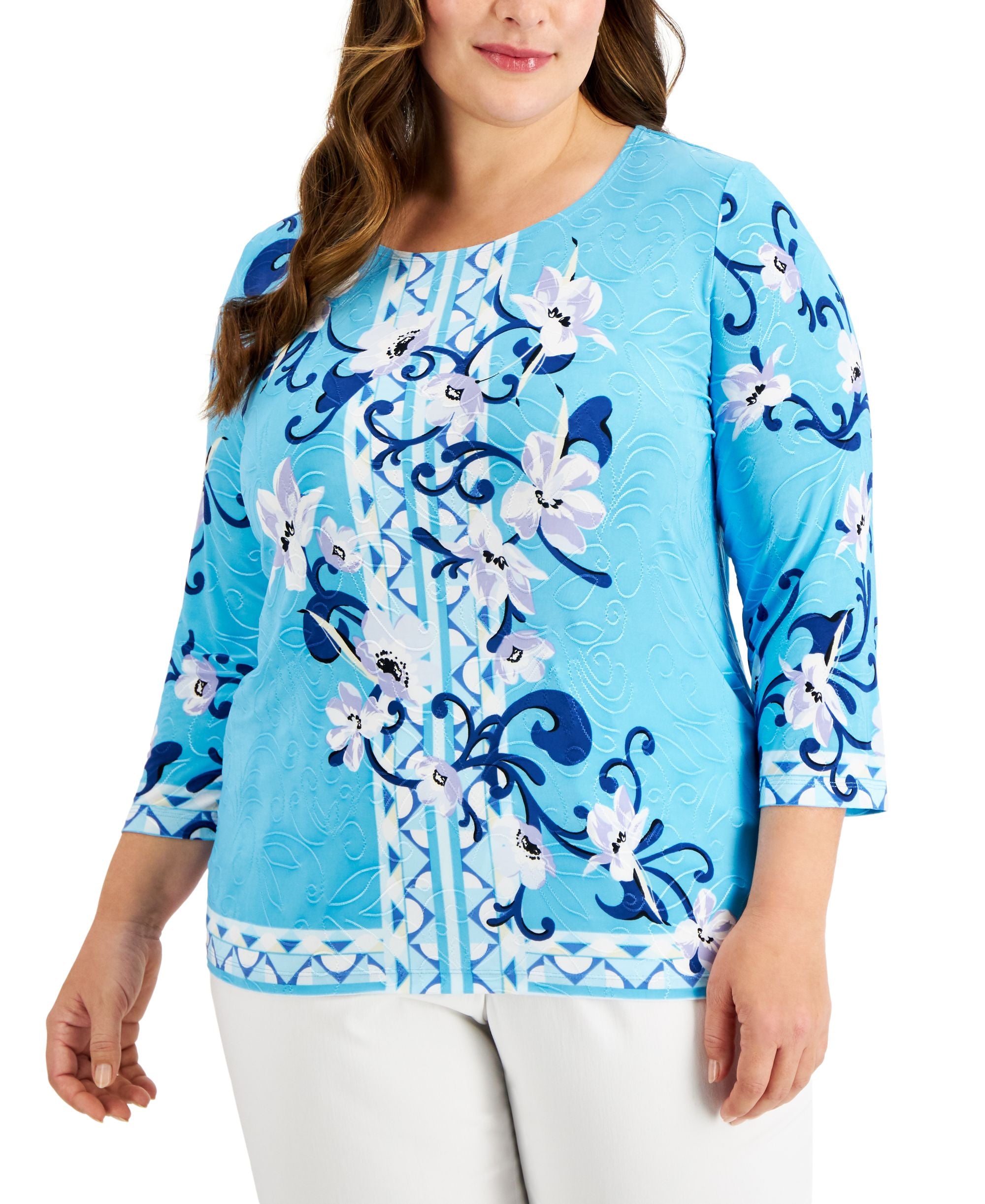 JM Collection Plus Size Printed 3/4 Sleeve Top