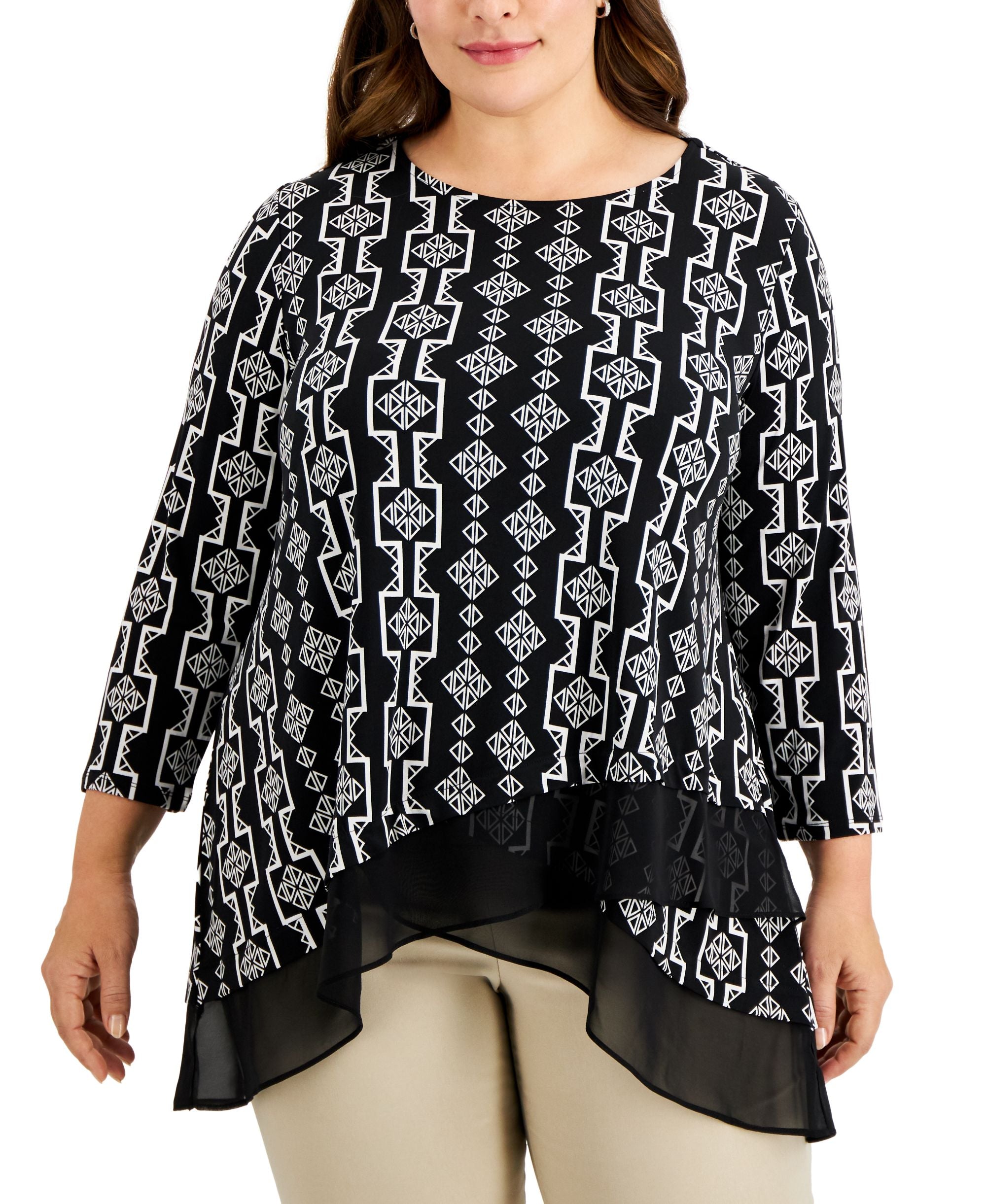 JM Collection Plus Size Printed 3/4 Sleeve Top