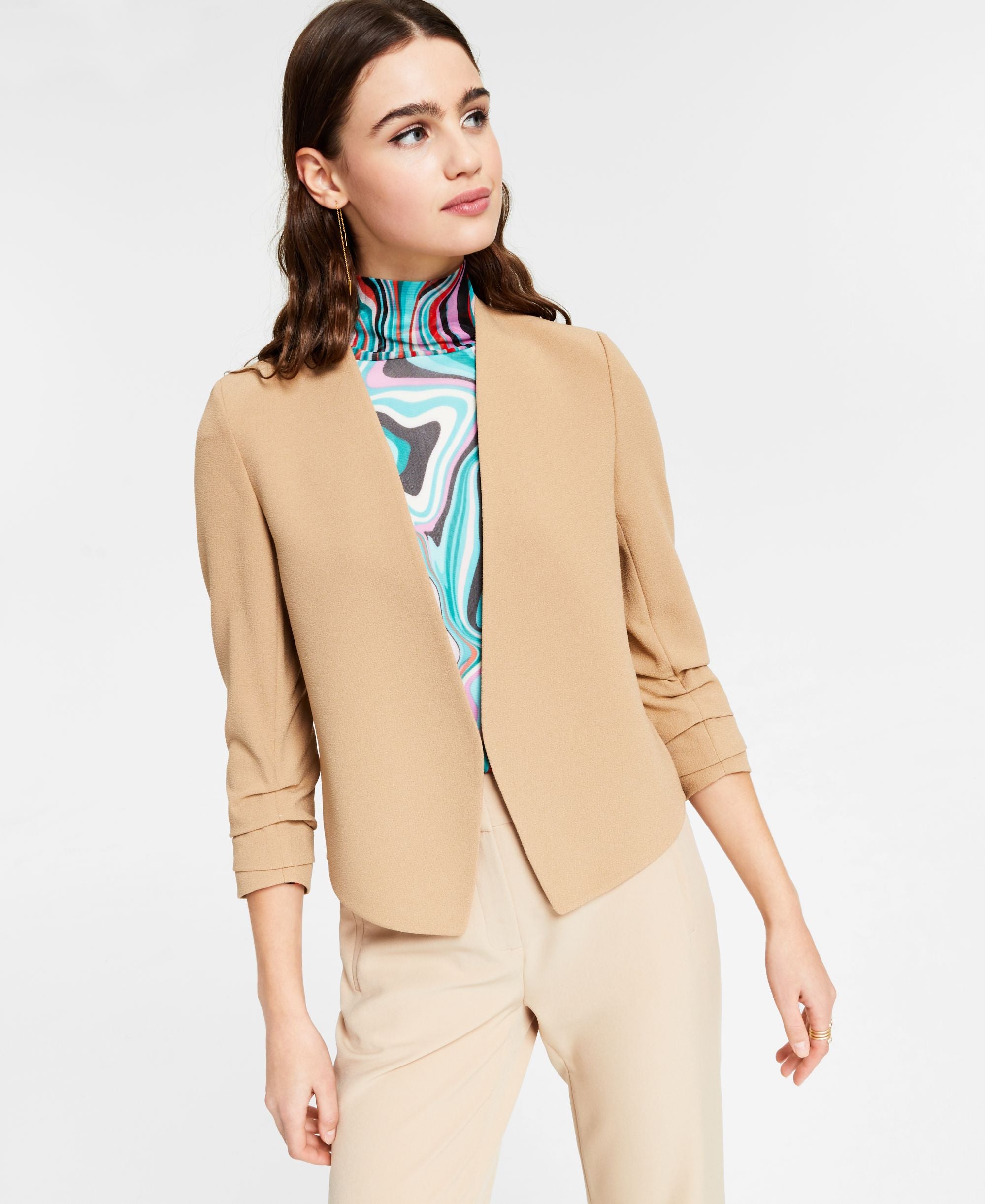 Bar III Ruched Sleeve Open Front Jacket