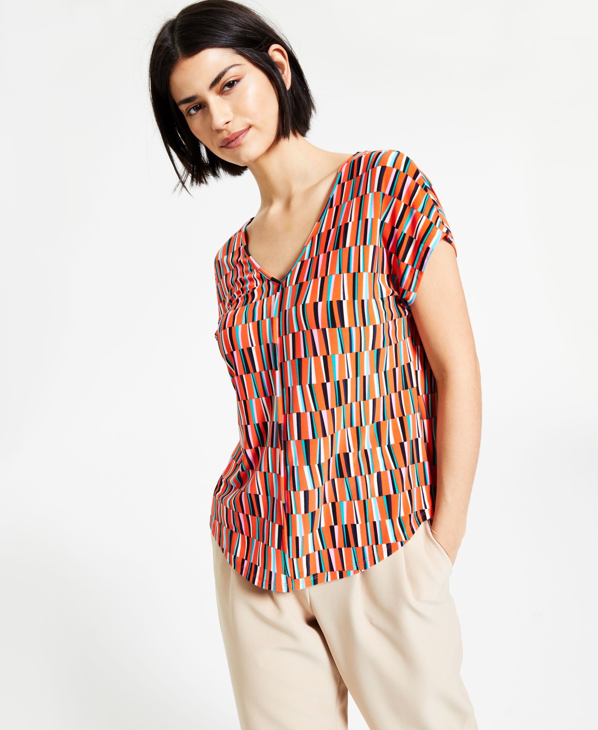Bar III Womens Printed V-Neck Top