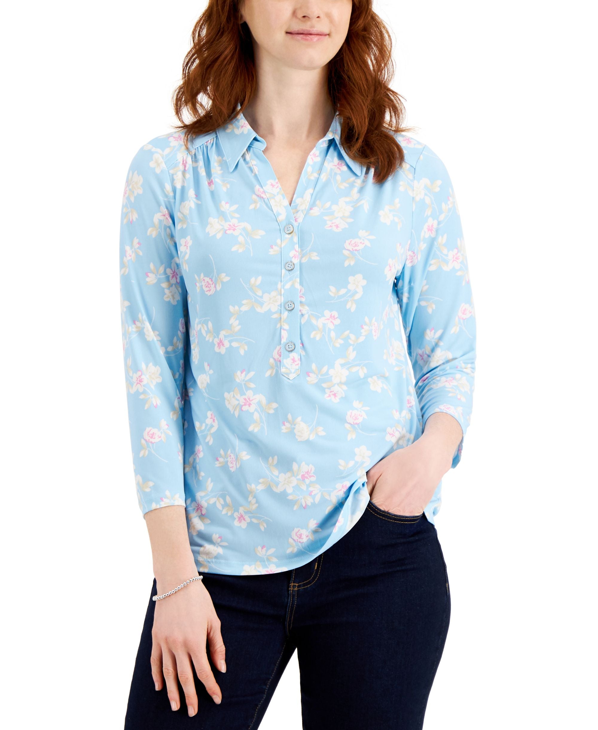 Charter Club Floral Print 3/4 Sleeve Knit Top