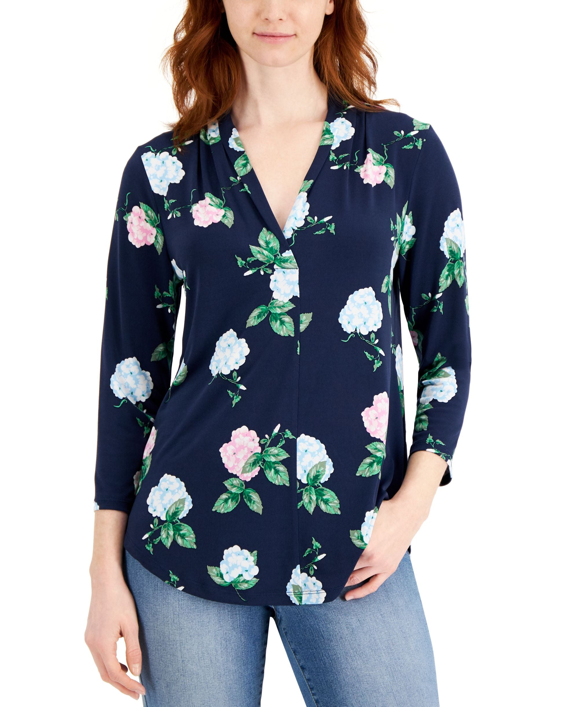 Charter Club Floral Print 3/4 Sleeve Knit Top