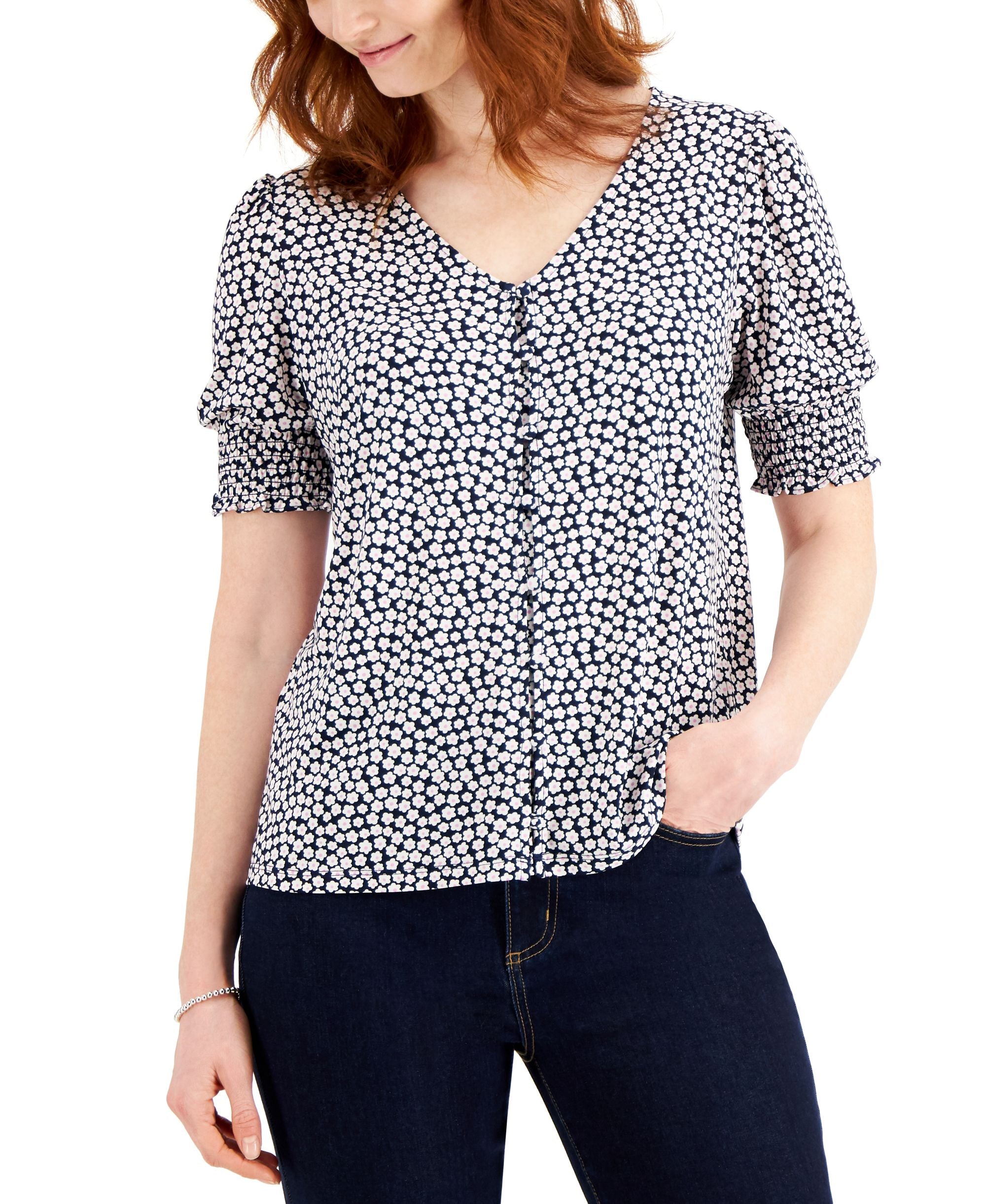 Charter Club Floral Print Smocked Cuff V Neck Top
