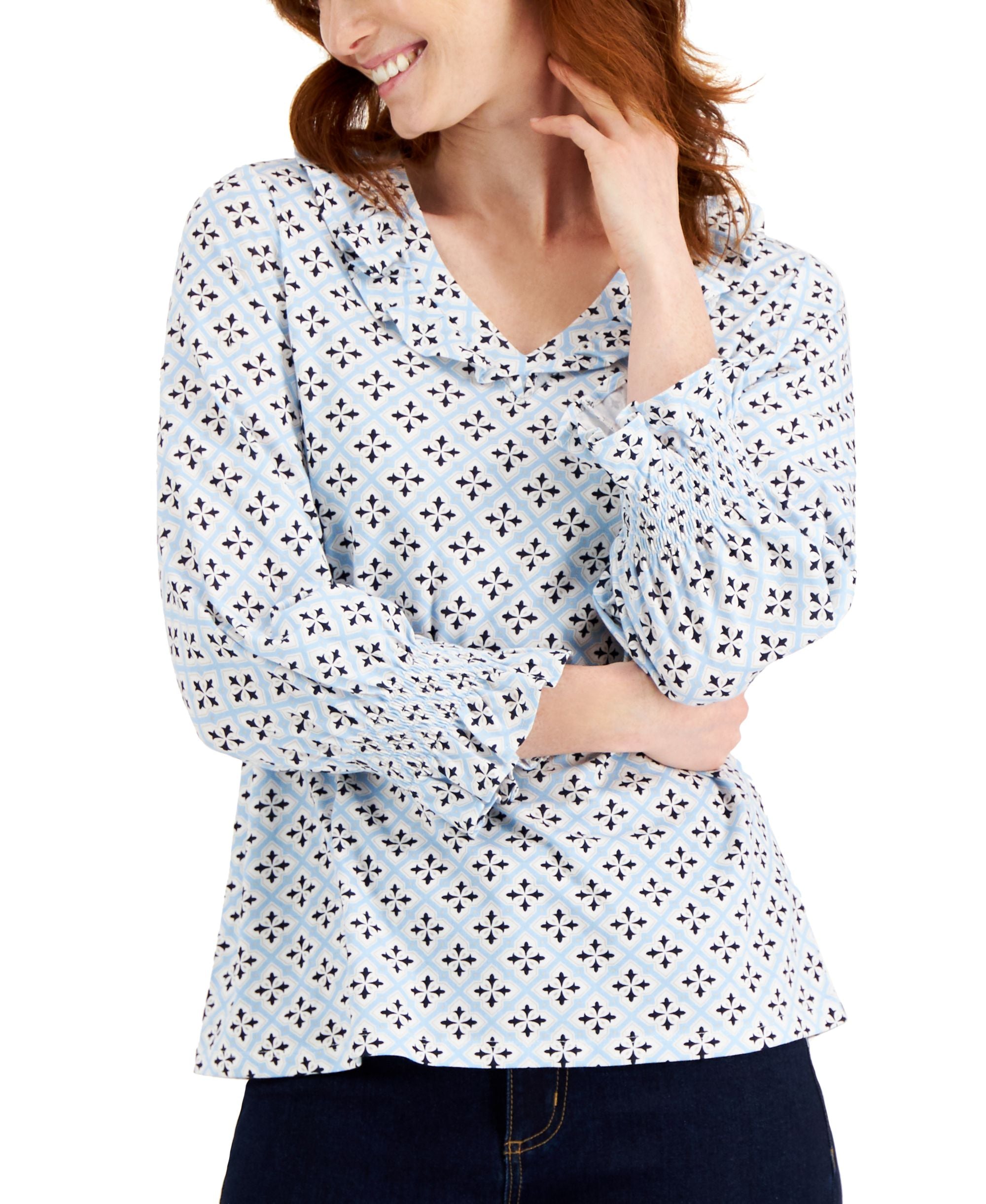 Charter Club Geo-Print Ruffled-Collar 3/4-Sleeve Top