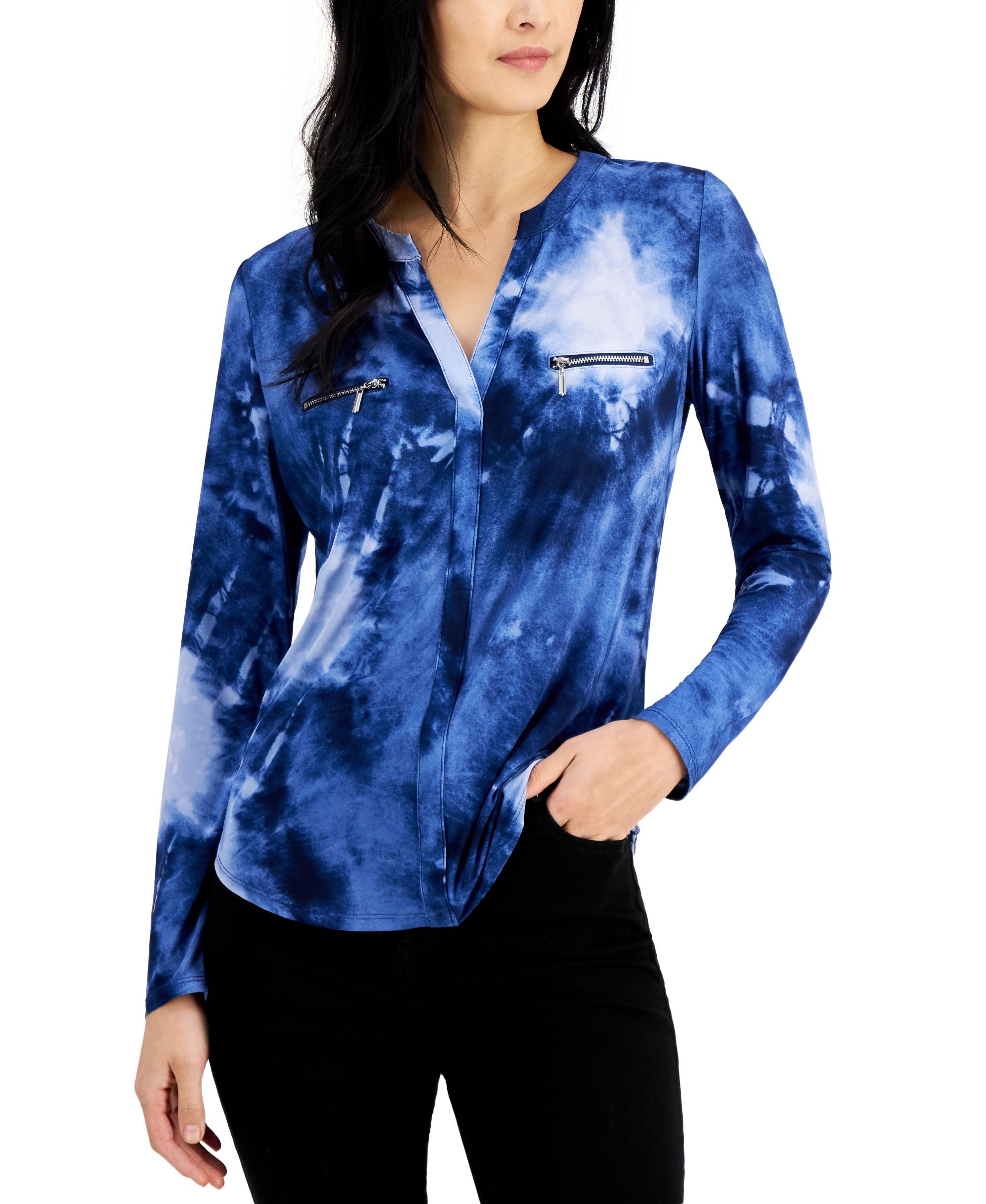 INC International Concepts Womens Print Zip Pocket Top