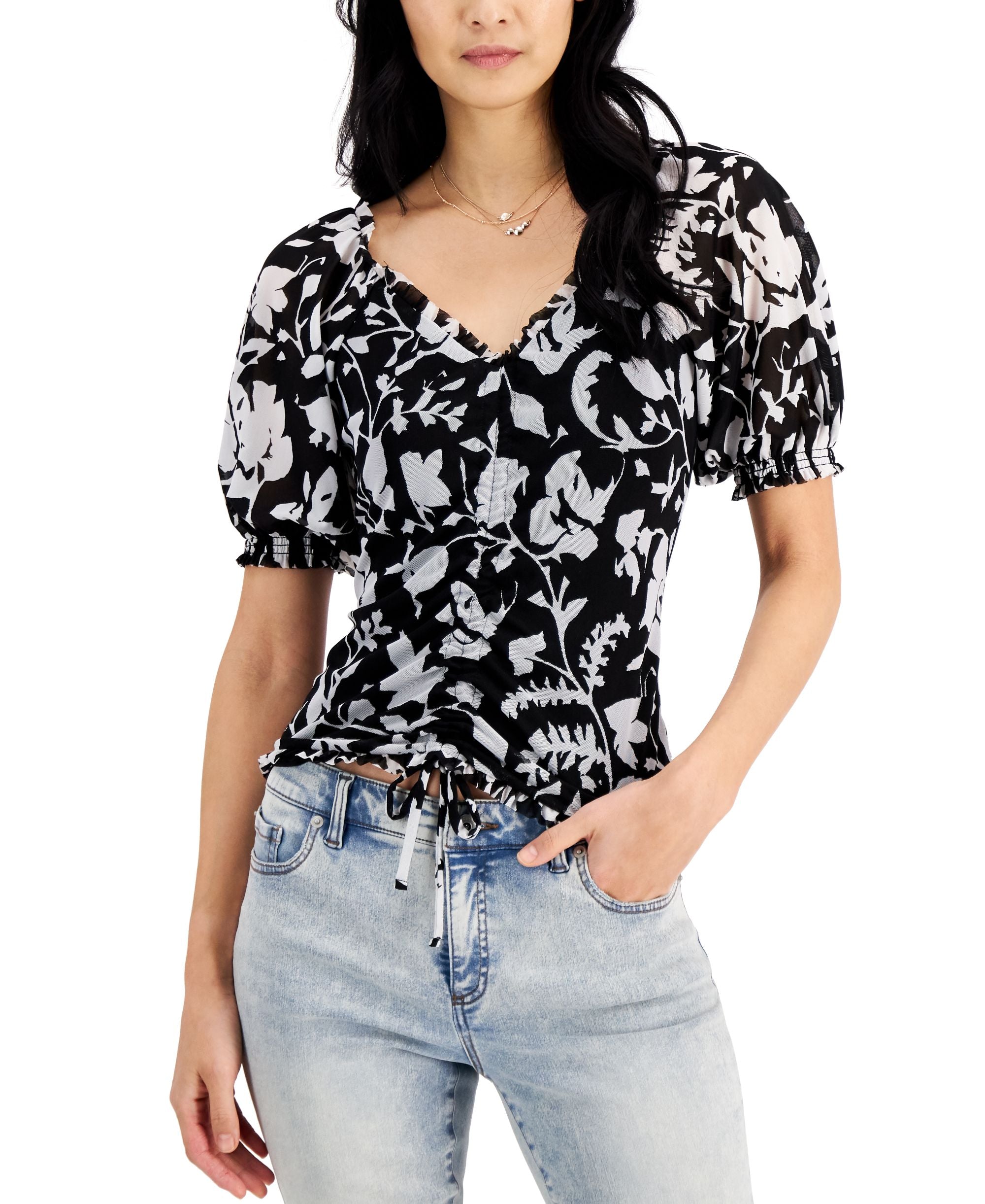 INC International Concepts Womens Printed Puff Sleeve Top