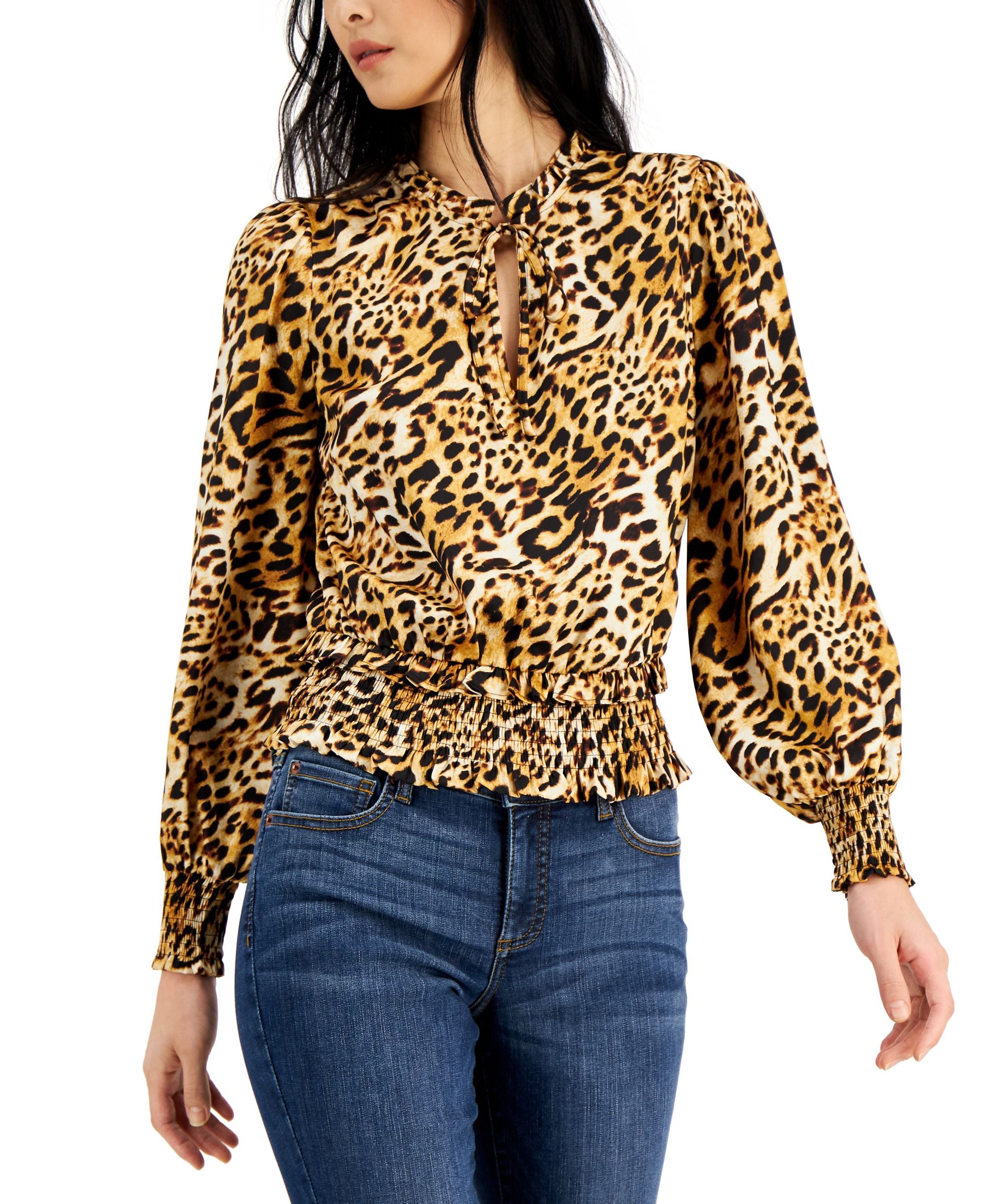 INC International Concepts Womens Animal Print Smocked Hem Tie Neck Top