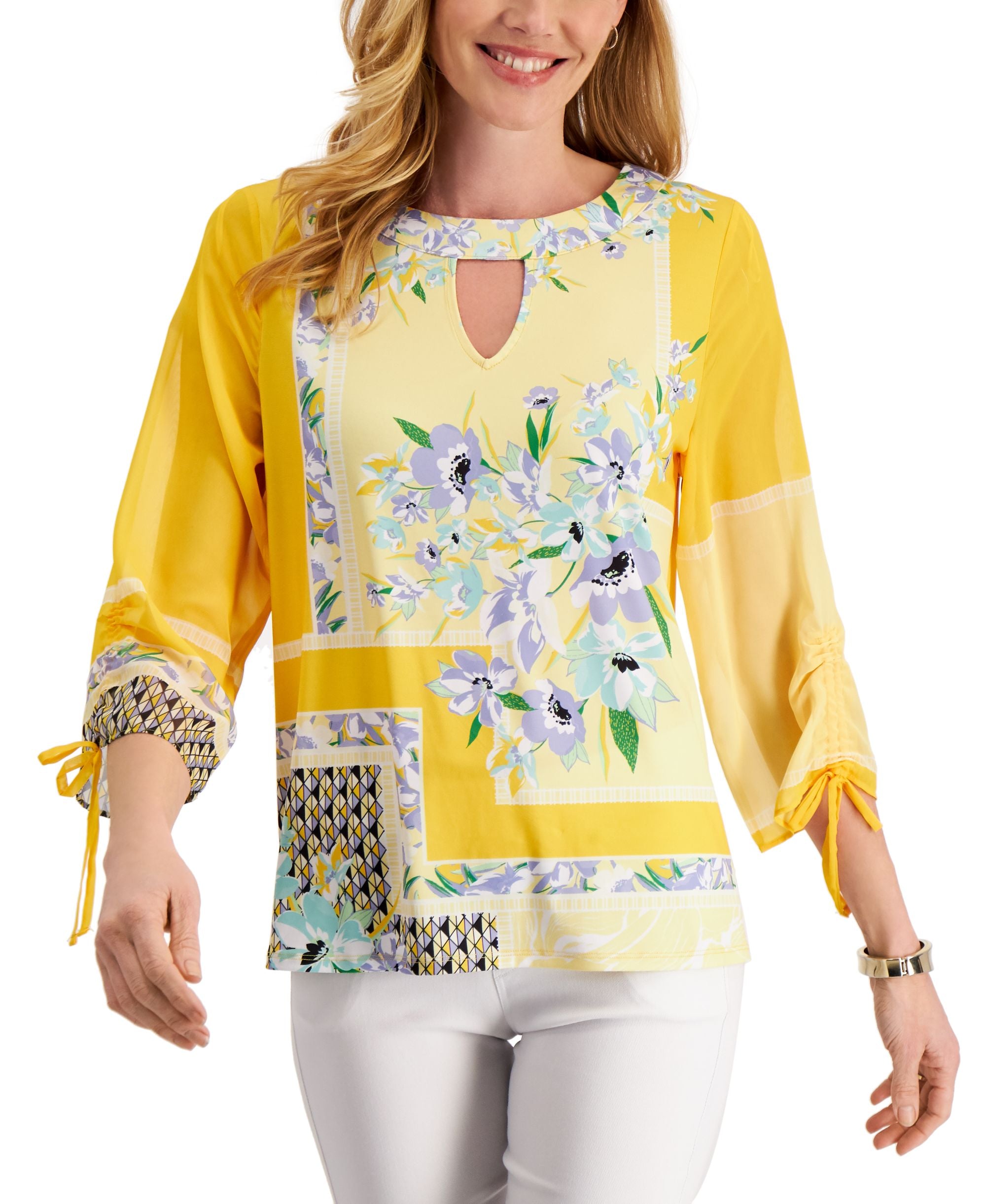 JM Collection Printed Keyhole 3/4 Sleeve Top