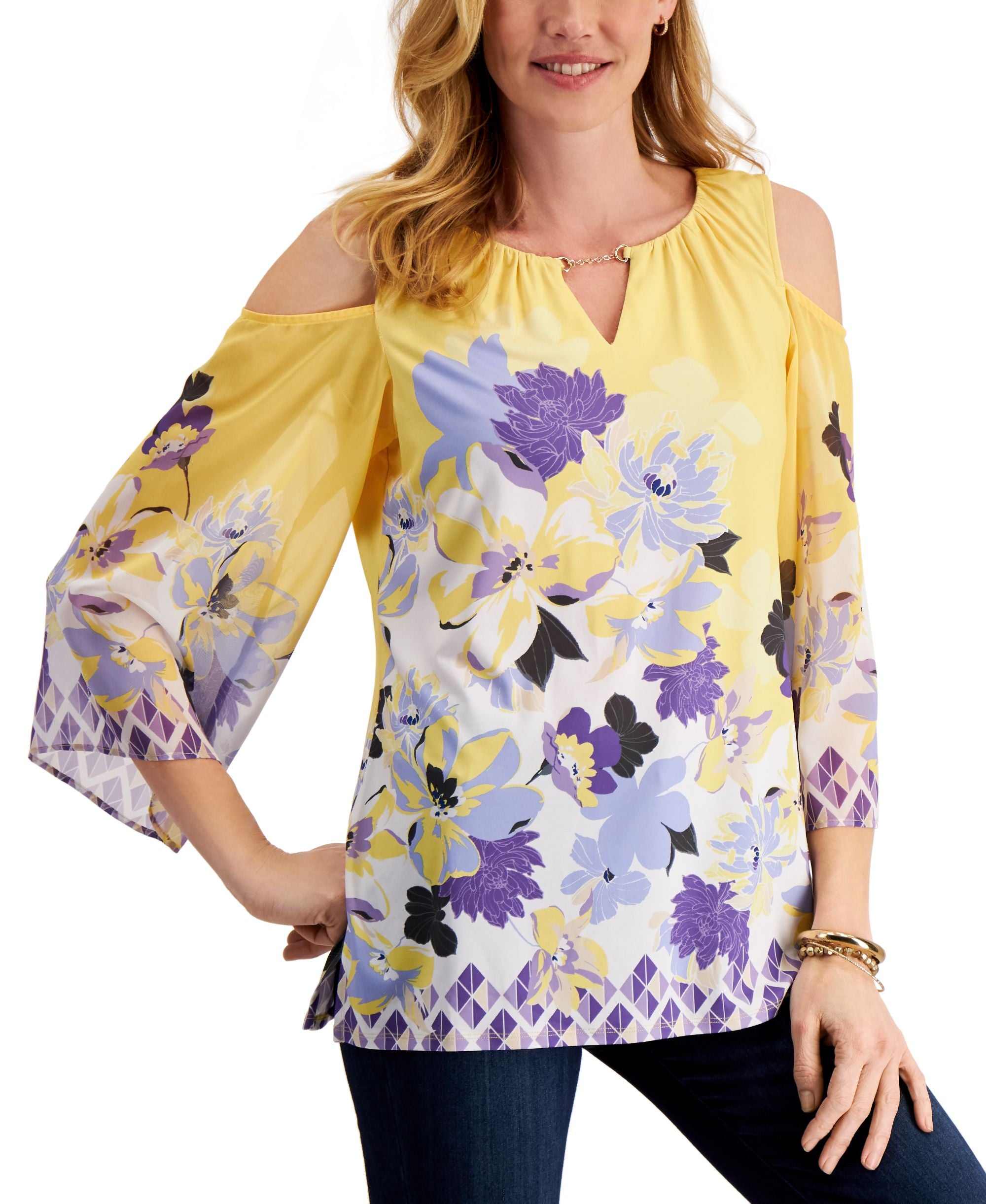 JM Collection Petite Printed Cold Shoulder Keyhole Blouse