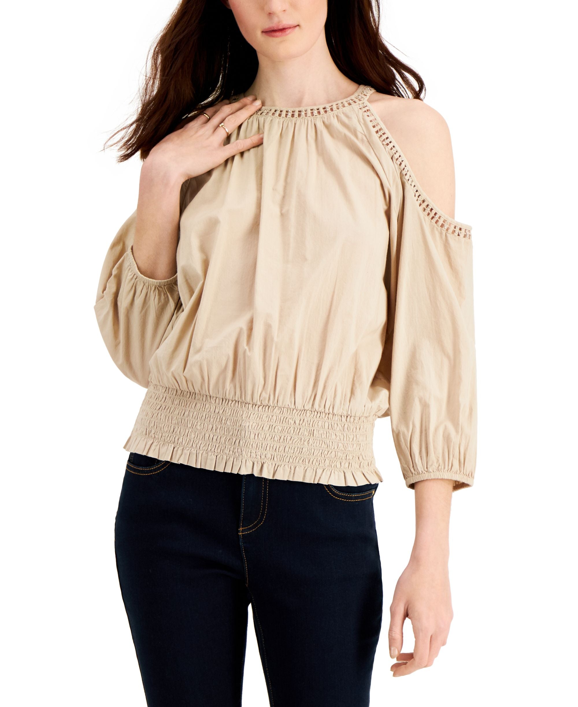 INC International Concepts Crochet Cold Shoulder Smocked Hem Top