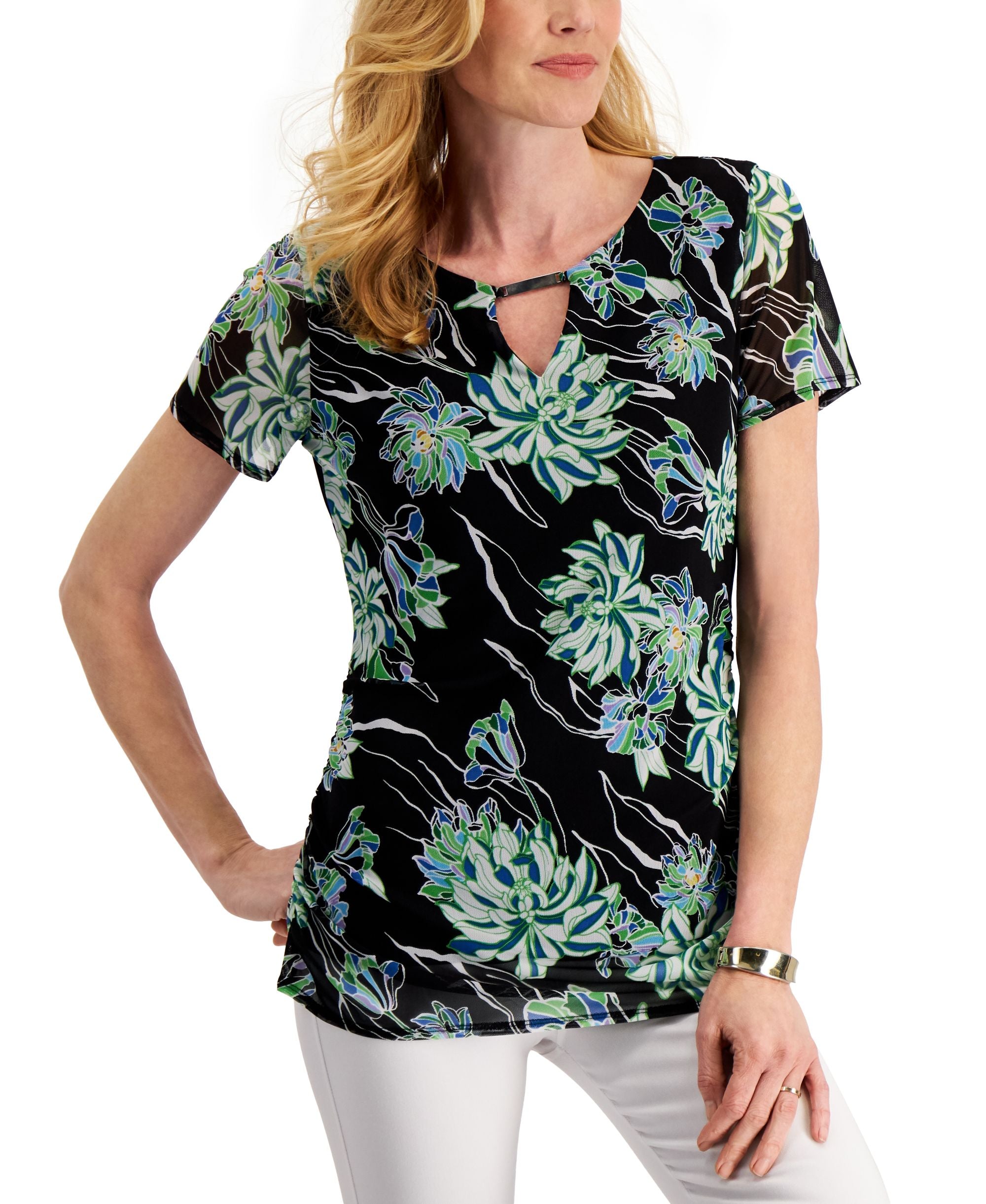 JM Collection Floral Print Keyhole Top
