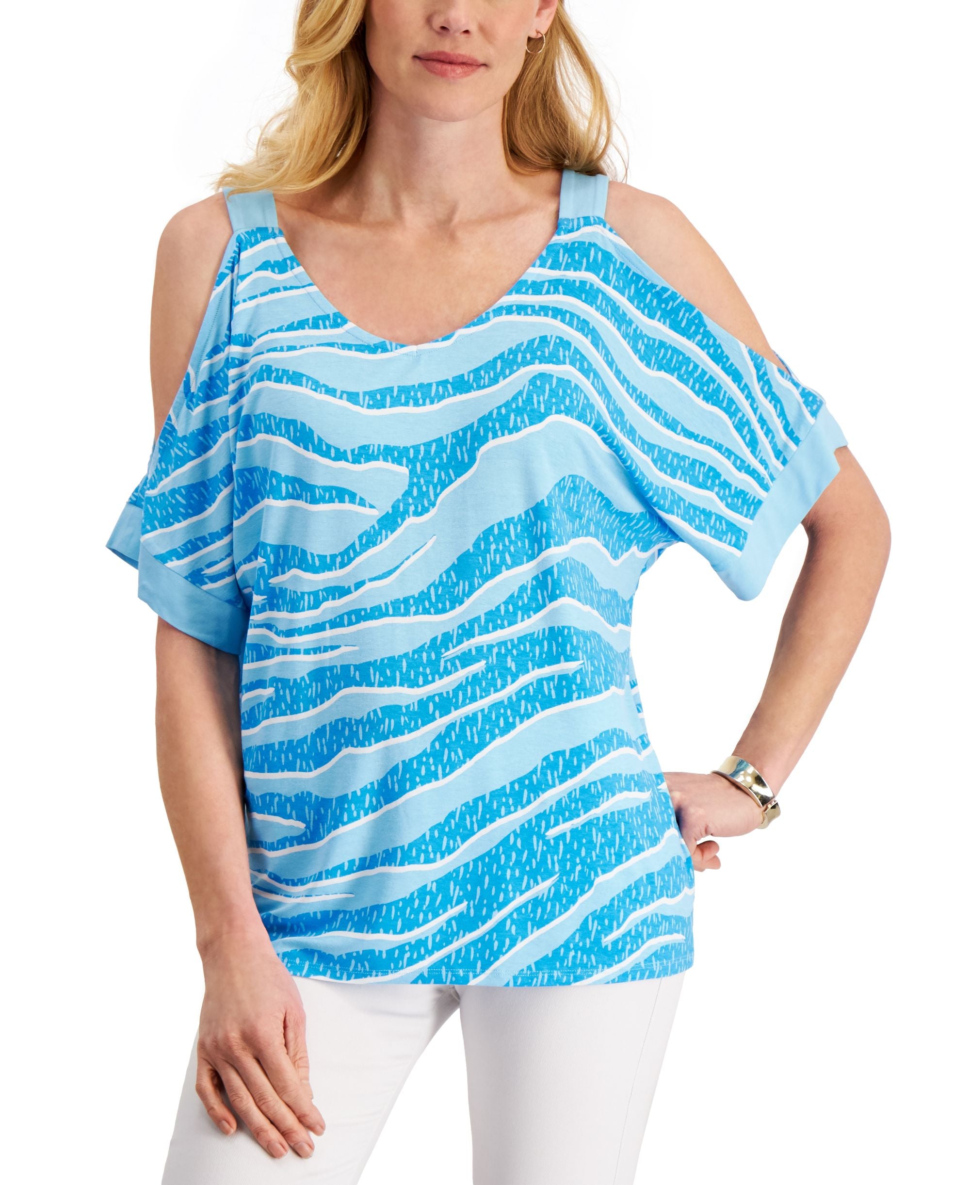 JM Collection Printed Cold Shoulder Top