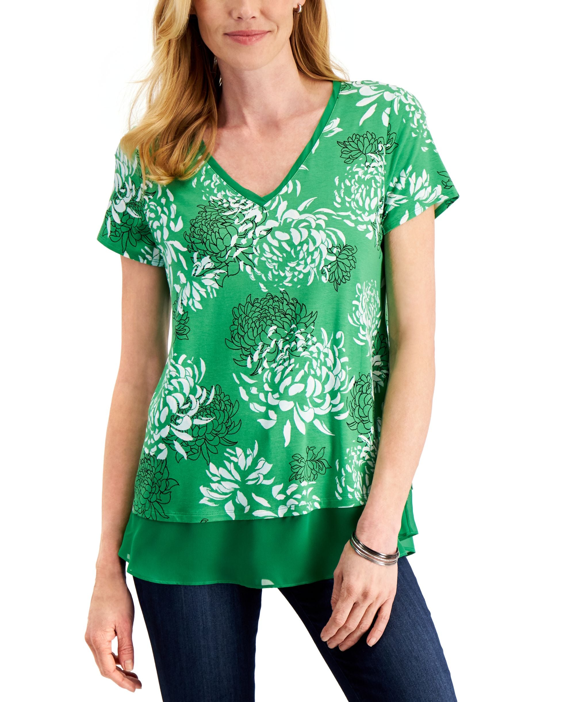 JM Collection Floral Print V Neck Top