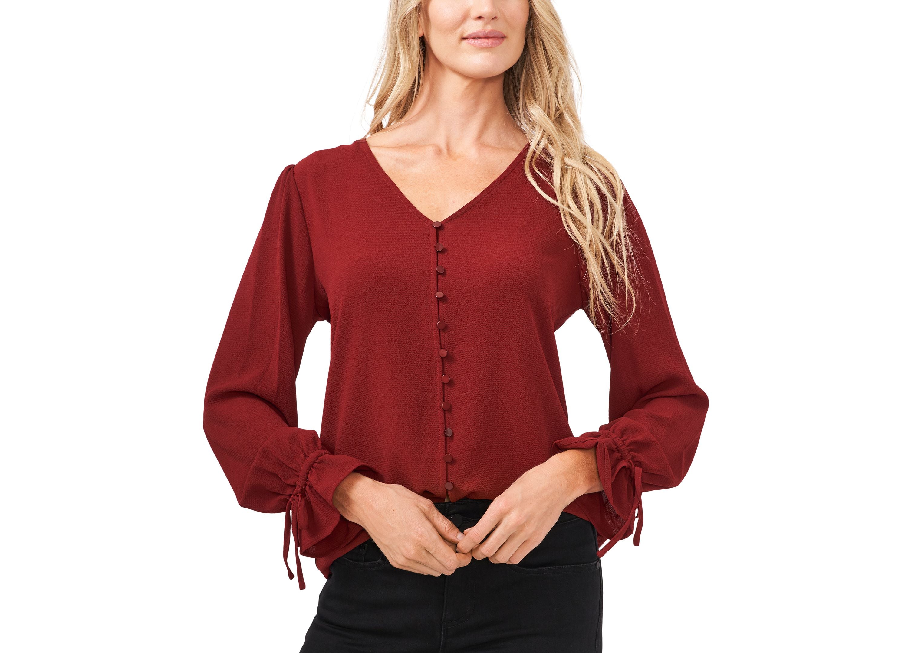 Women's Long Sleeve Button Down Tie-Cuff Blouse