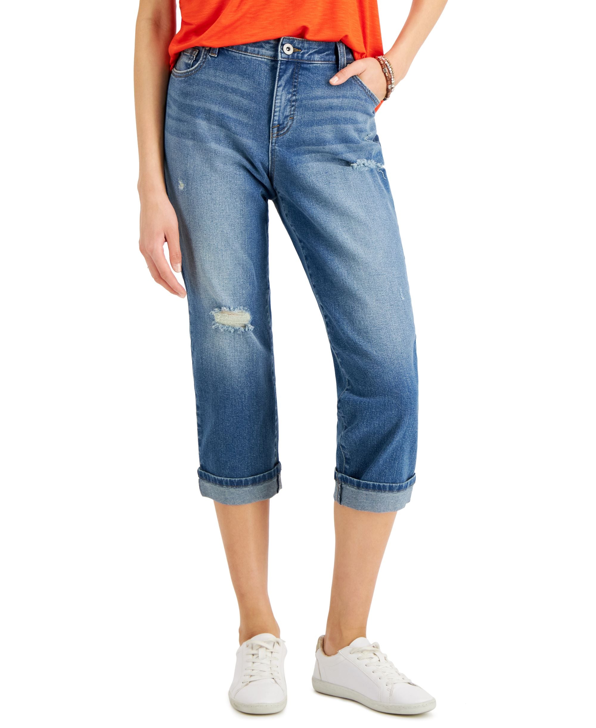 Style & Co Petite Mid Rise Curvy Roll Cuff Capri Jeans