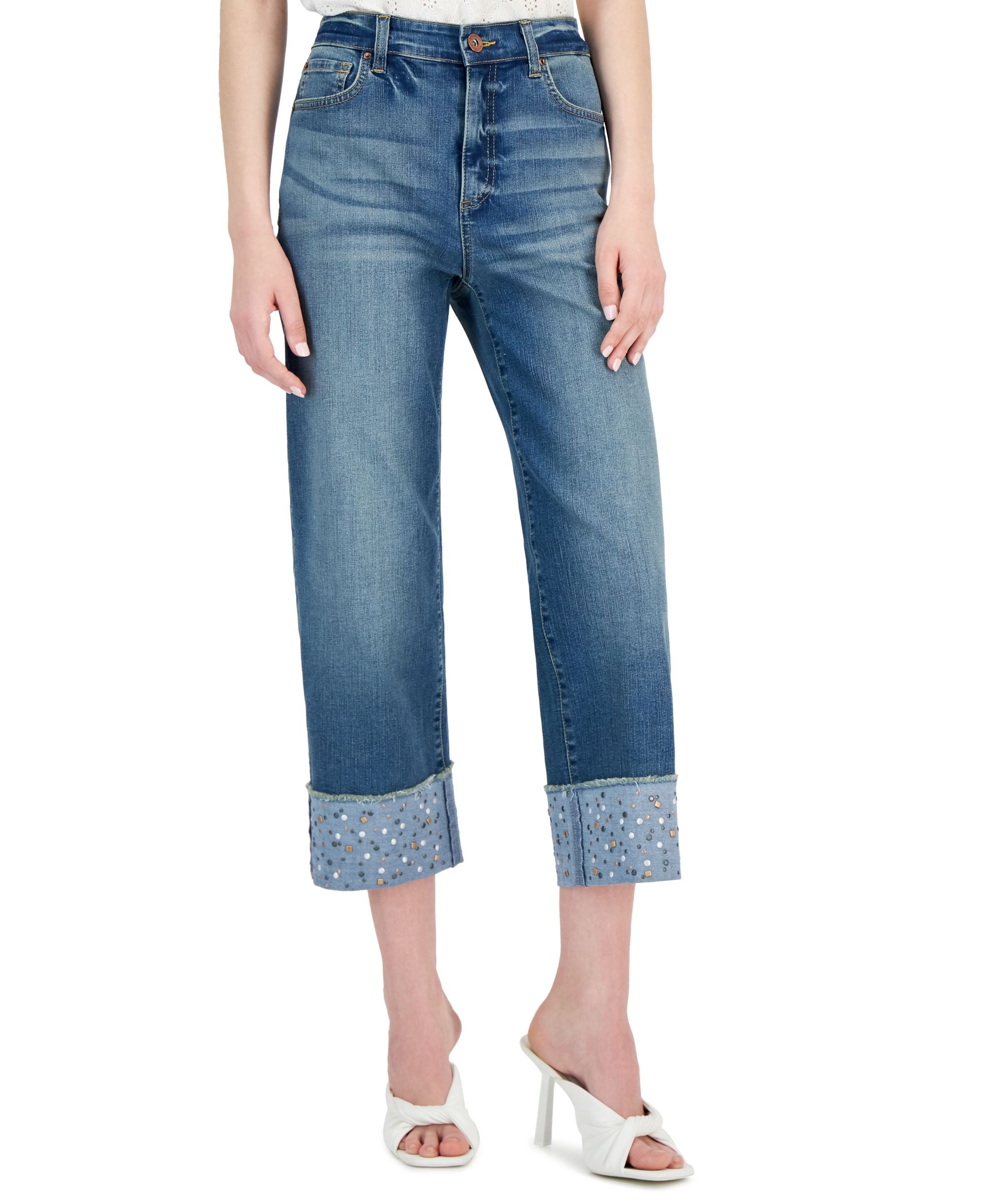 INC International Concepts Womens High Rise Embellished Crop Wide Leg Jeans