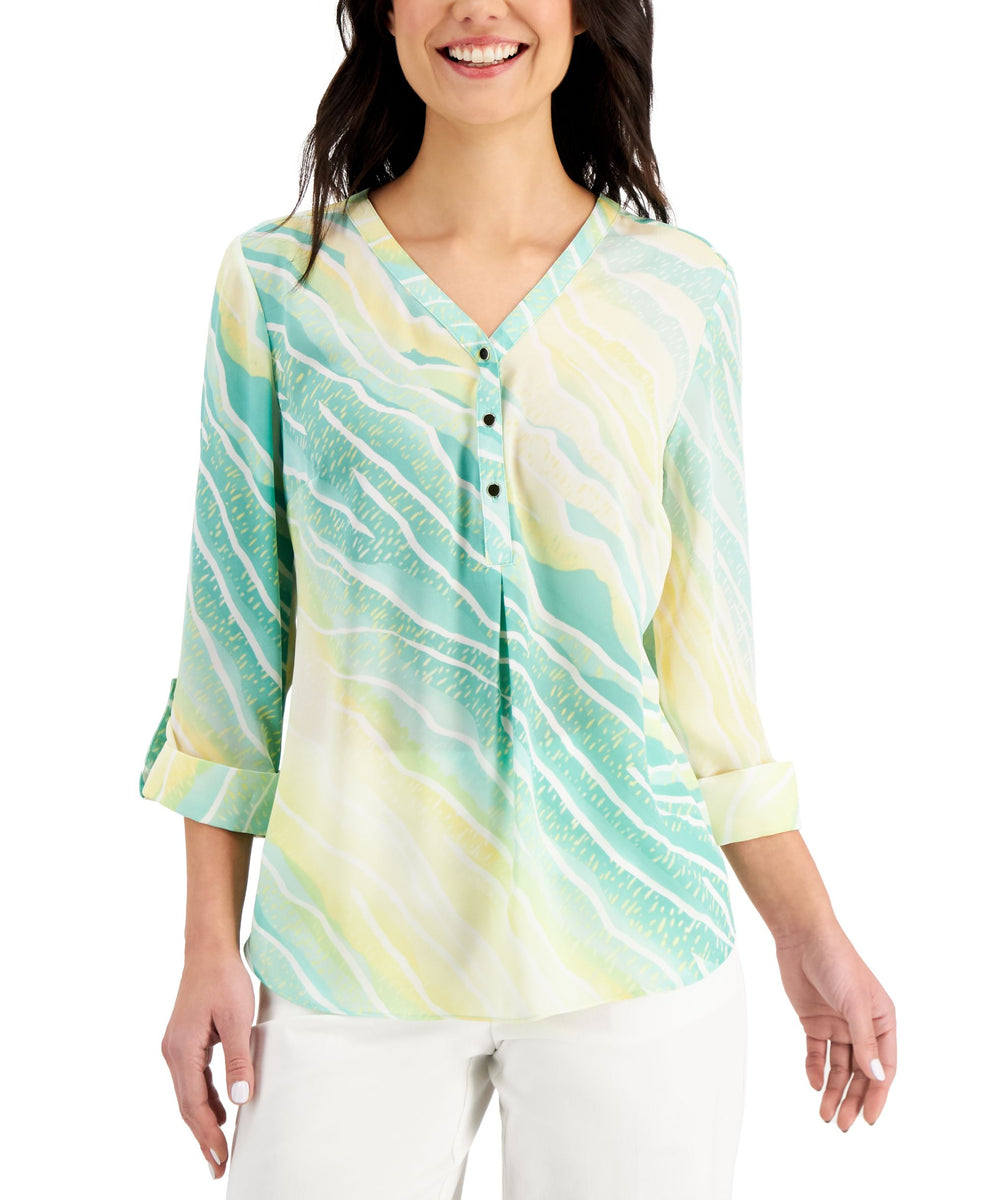 JM Collection Zebra Print Y Neck Roll Tab Top – Buy Outlet