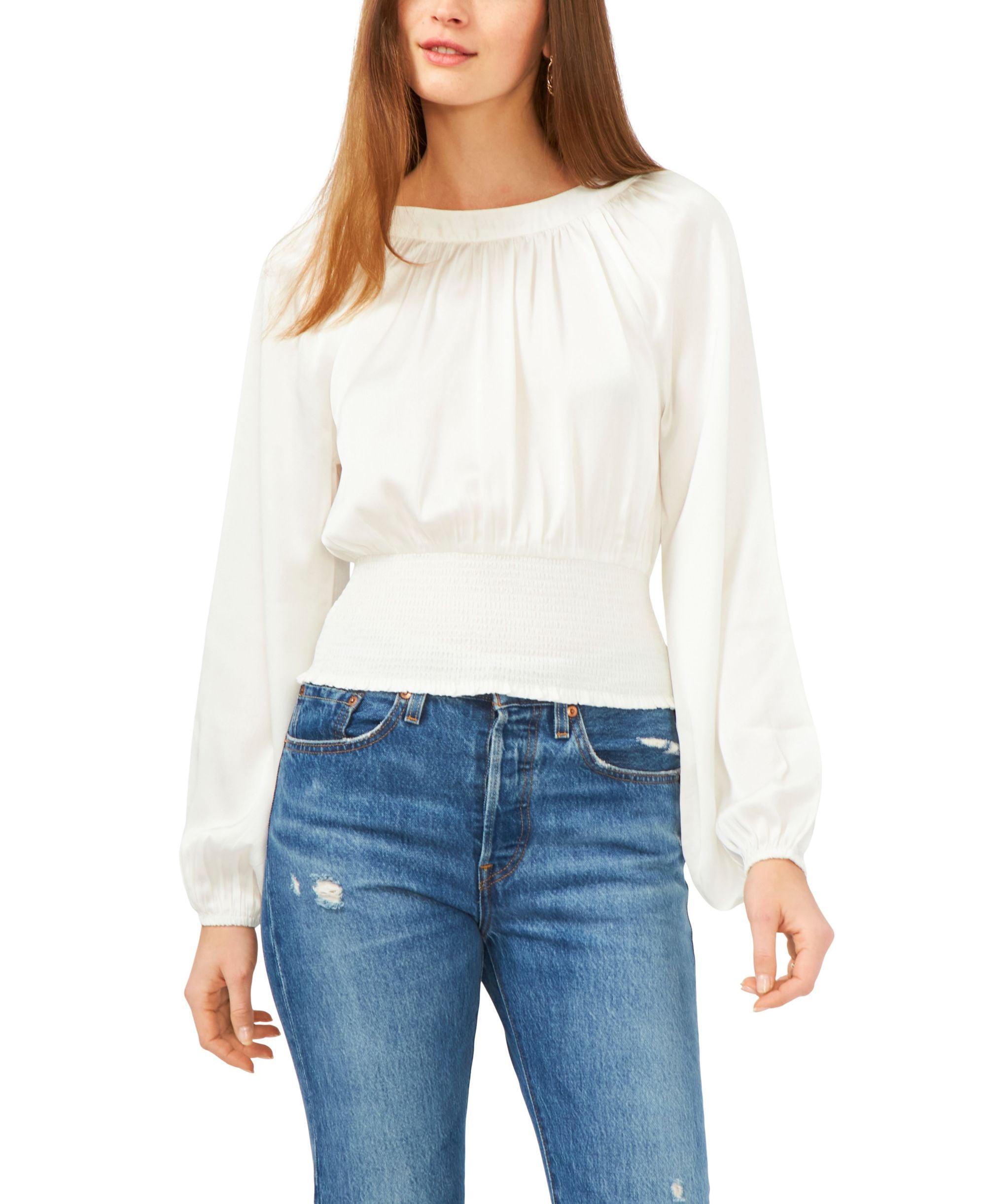 1.State Long Sleeve Raglan Smocked Waist Top